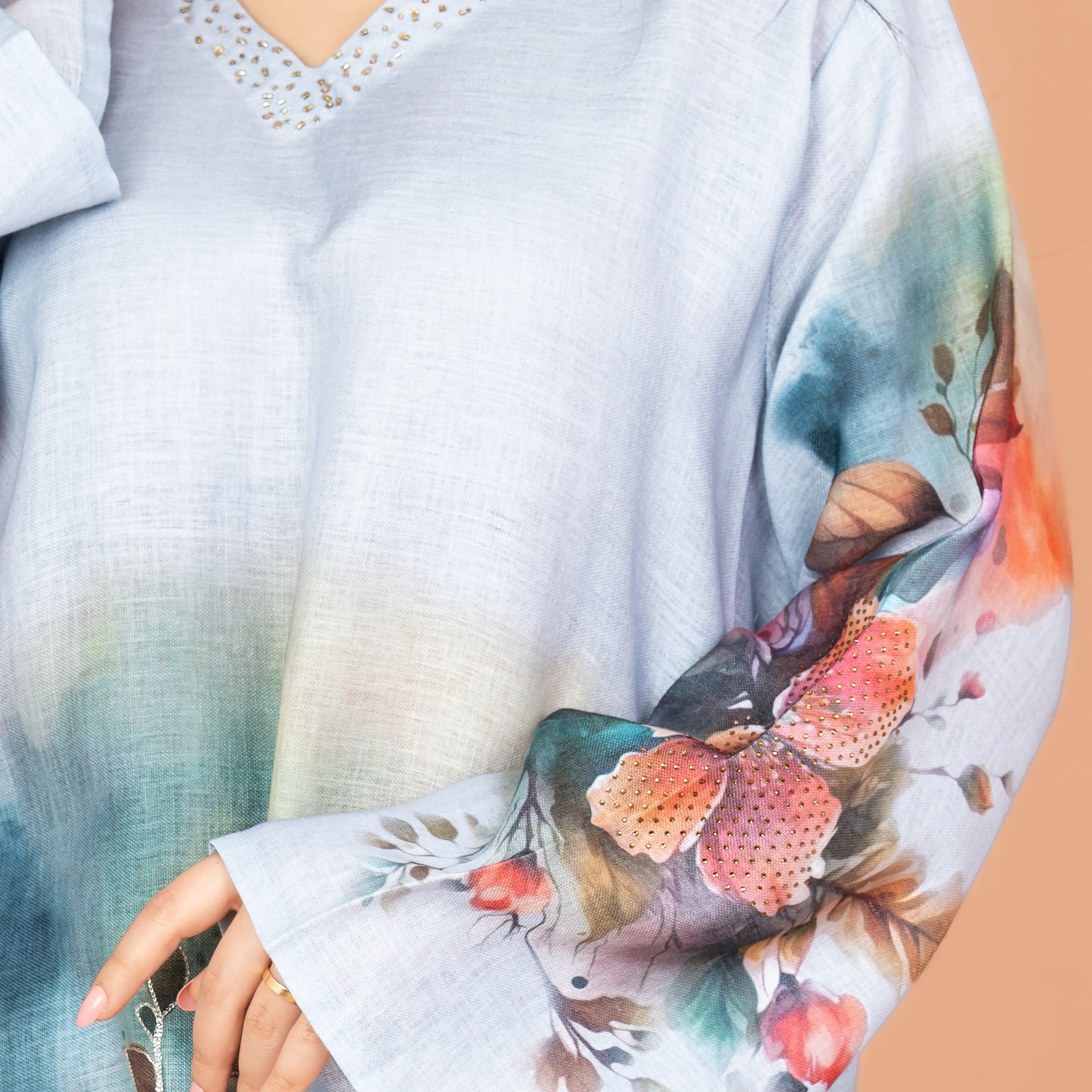 IKKXA Graceful Floral Highlight Print Beaded Neck Flared Sleeves Women's Jalabiya-women-arabicclothing-jalabiyas-image-2
