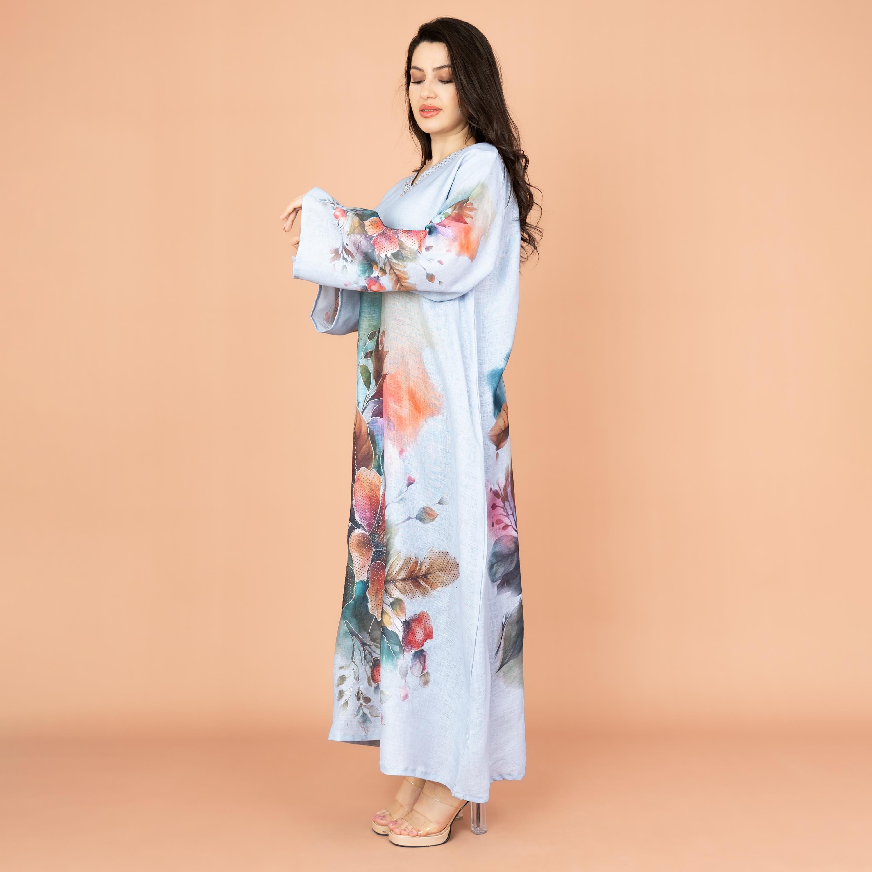 IKKXA Graceful Floral Highlight Print Beaded Neck Flared Sleeves Women's Jalabiya-women-arabicclothing-jalabiyas-image-3