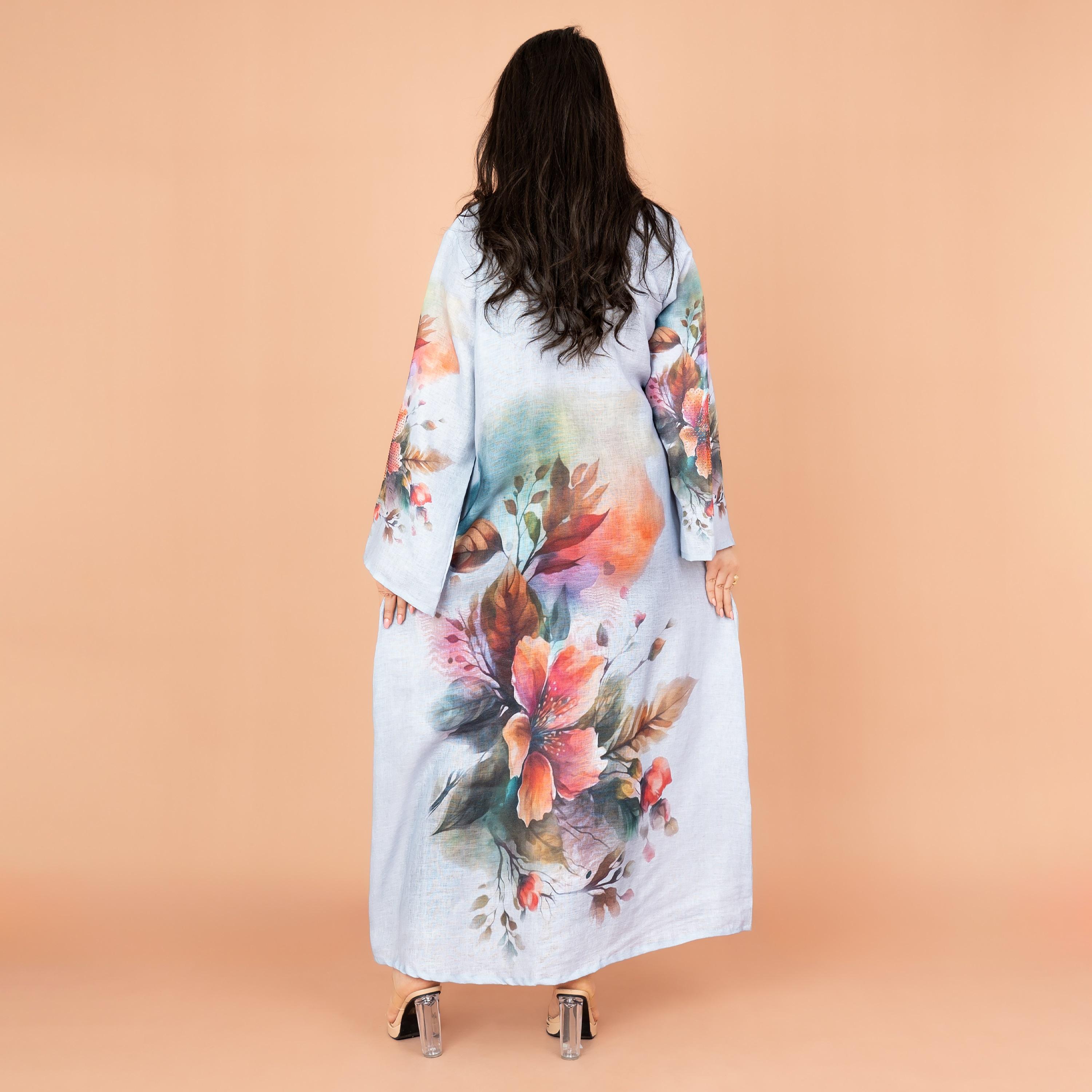 IKKXA Graceful Floral Highlight Print Beaded Neck Flared Sleeves Women's Jalabiya-women-arabicclothing-jalabiyas-image-4
