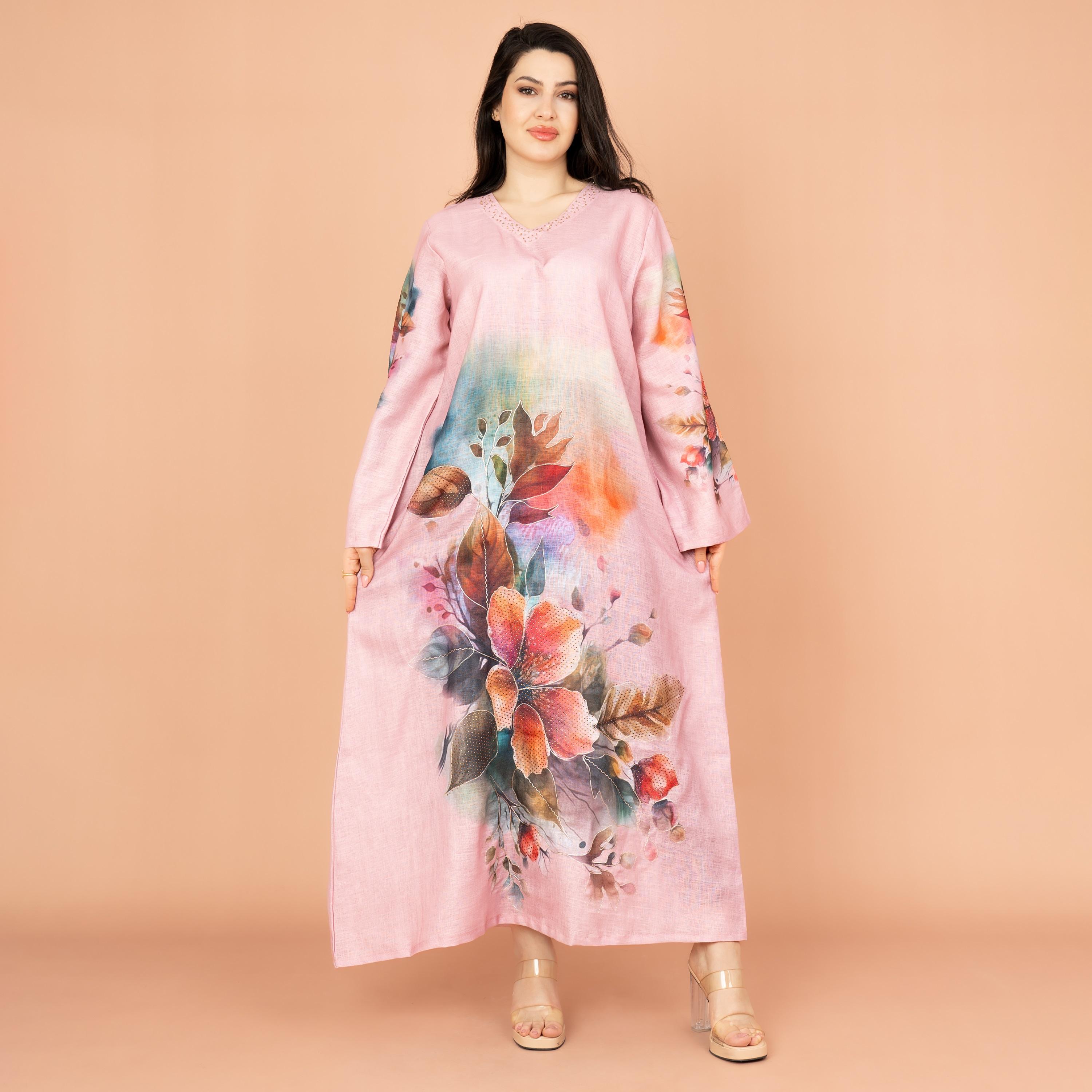جلابية نسائية أنيقة مزينة بالخرز مع أكمام واسعة ورقبة مزينة بالزهور من إكسا-women-arabicclothing-jalabiyas-image-1