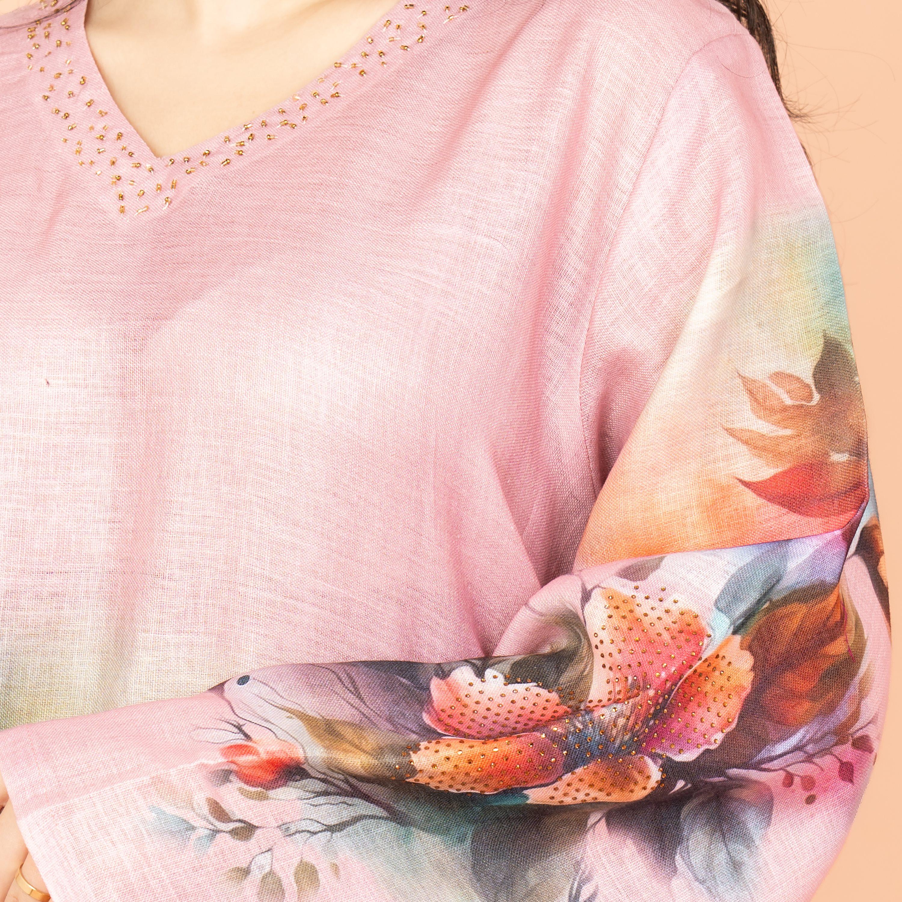 جلابية نسائية أنيقة مزينة بالخرز مع أكمام واسعة ورقبة مزينة بالزهور من إكسا-women-arabicclothing-jalabiyas-image-2