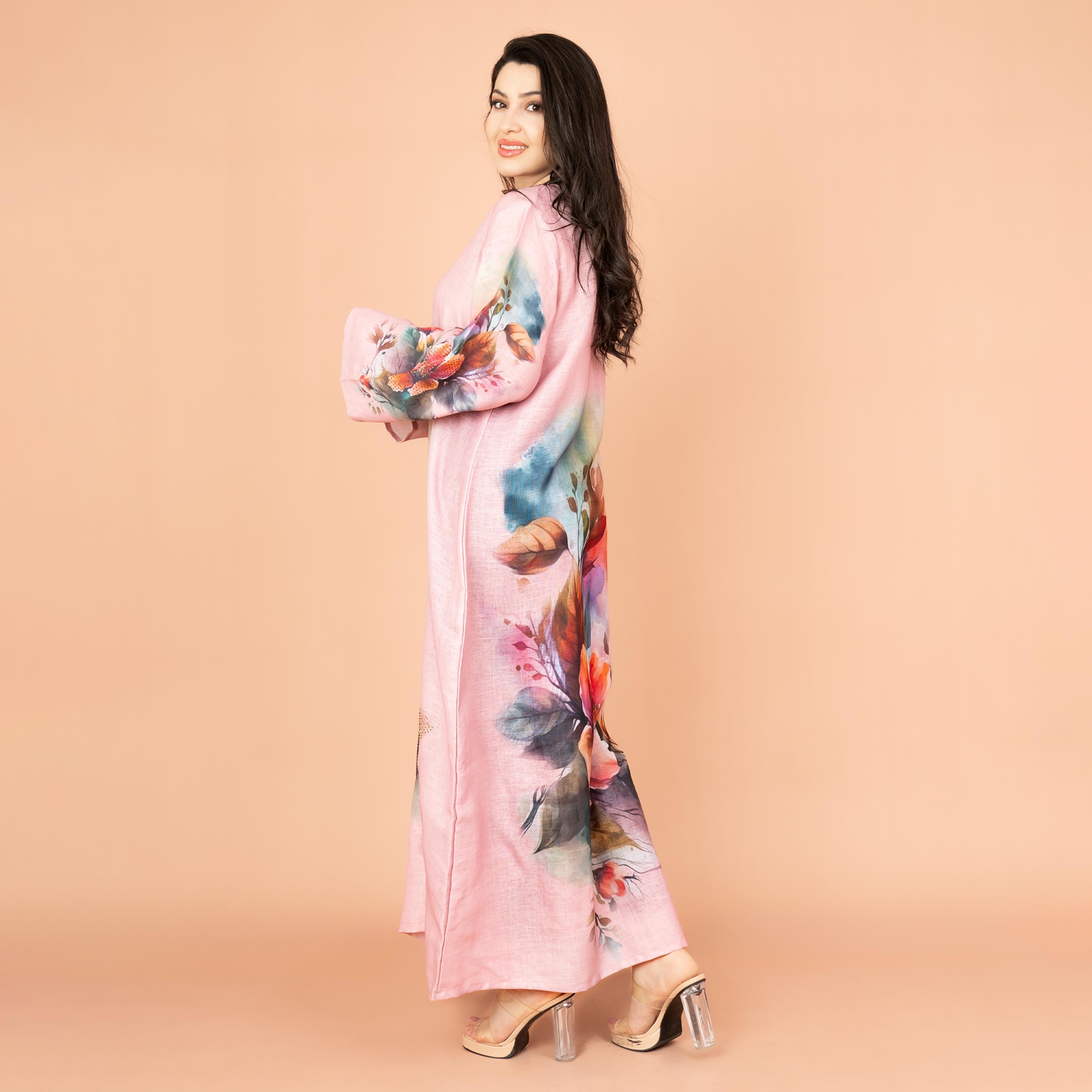 جلابية نسائية أنيقة مزينة بالخرز مع أكمام واسعة ورقبة مزينة بالزهور من إكسا-women-arabicclothing-jalabiyas-image-3