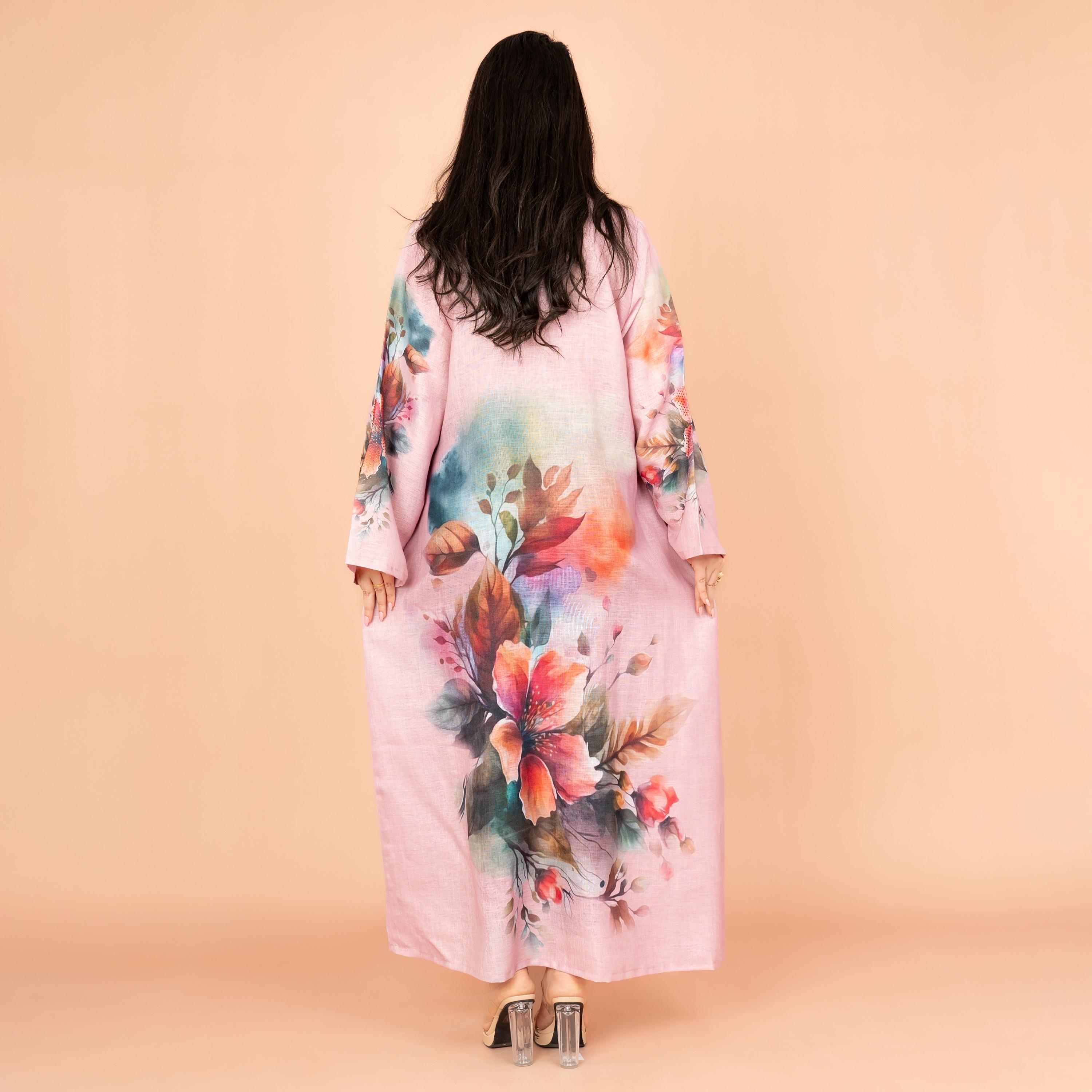 جلابية نسائية أنيقة مزينة بالخرز مع أكمام واسعة ورقبة مزينة بالزهور من إكسا-women-arabicclothing-jalabiyas-image-4