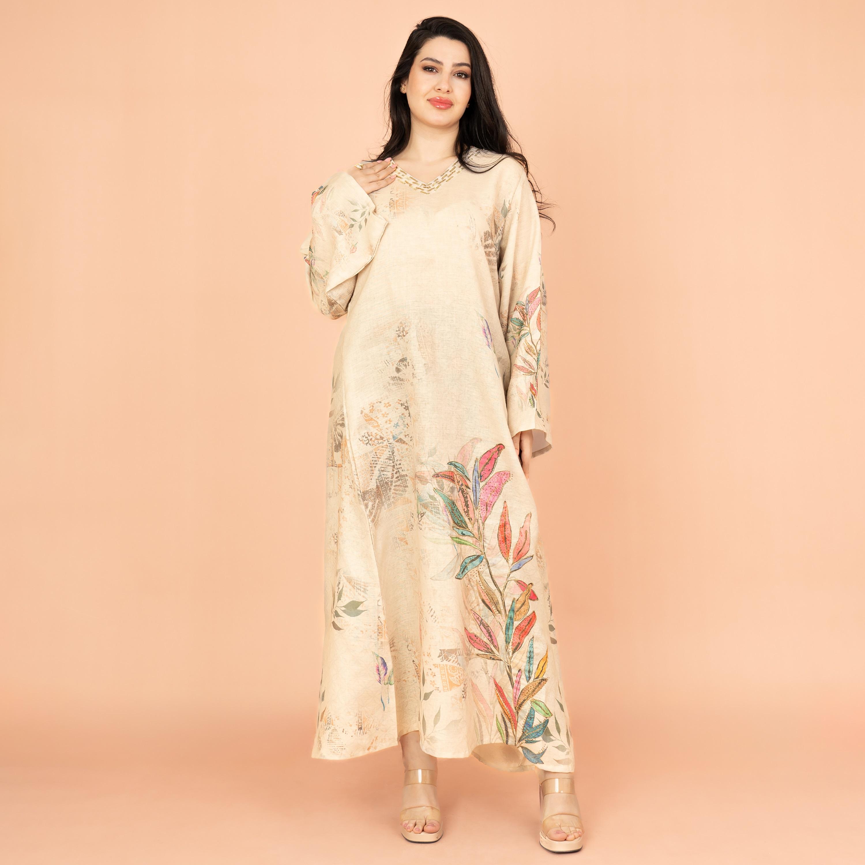 جلابية نسائية أنيقة مزينة بالترتر مع أكمام واسعة ورقبة مزينة بالزهور من إكسا-women-arabicclothing-jalabiyas-image-6
