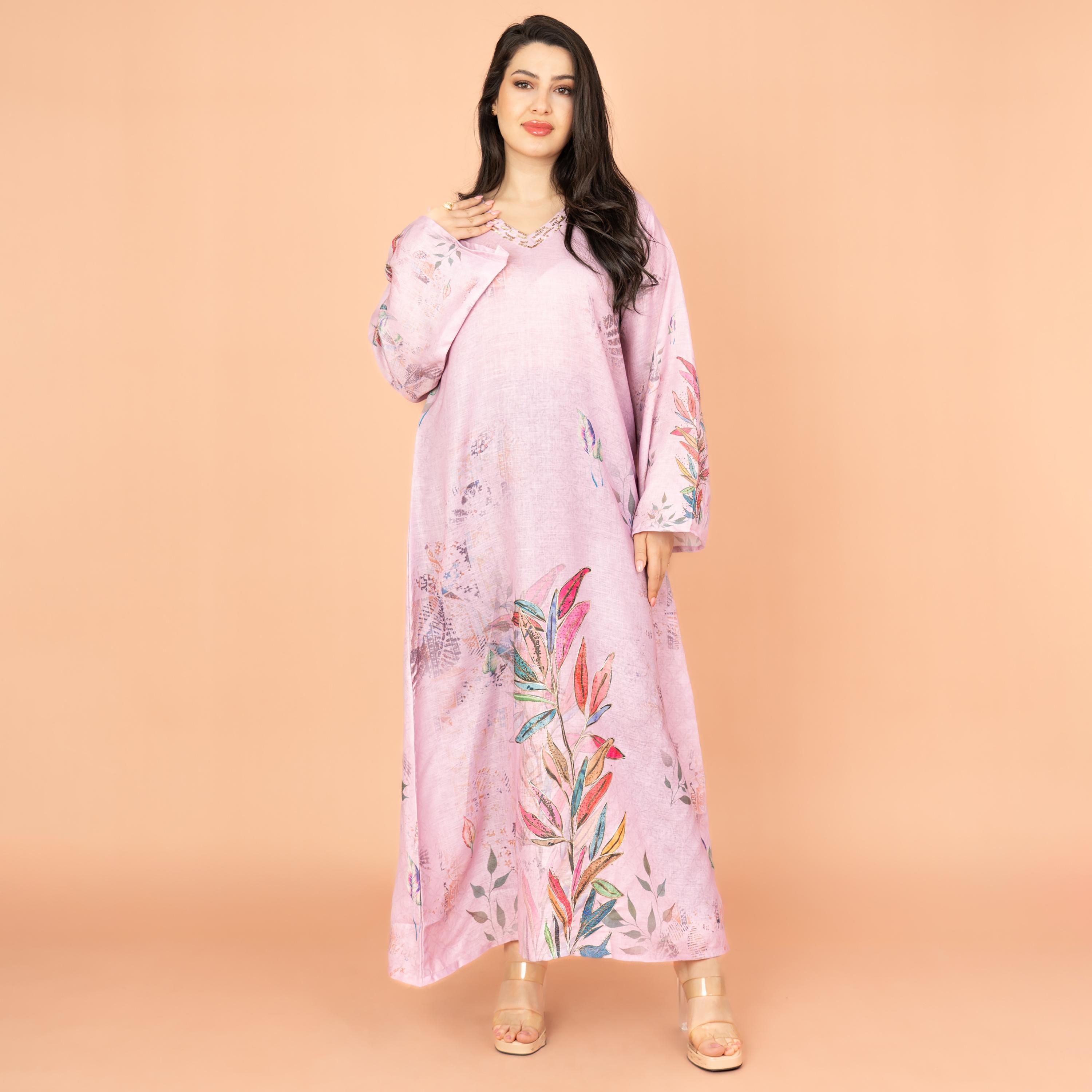 جلابية نسائية أنيقة مزينة بالترتر مع أكمام واسعة ورقبة مزينة بالزهور من إكسا-women-arabicclothing-jalabiyas-image-1