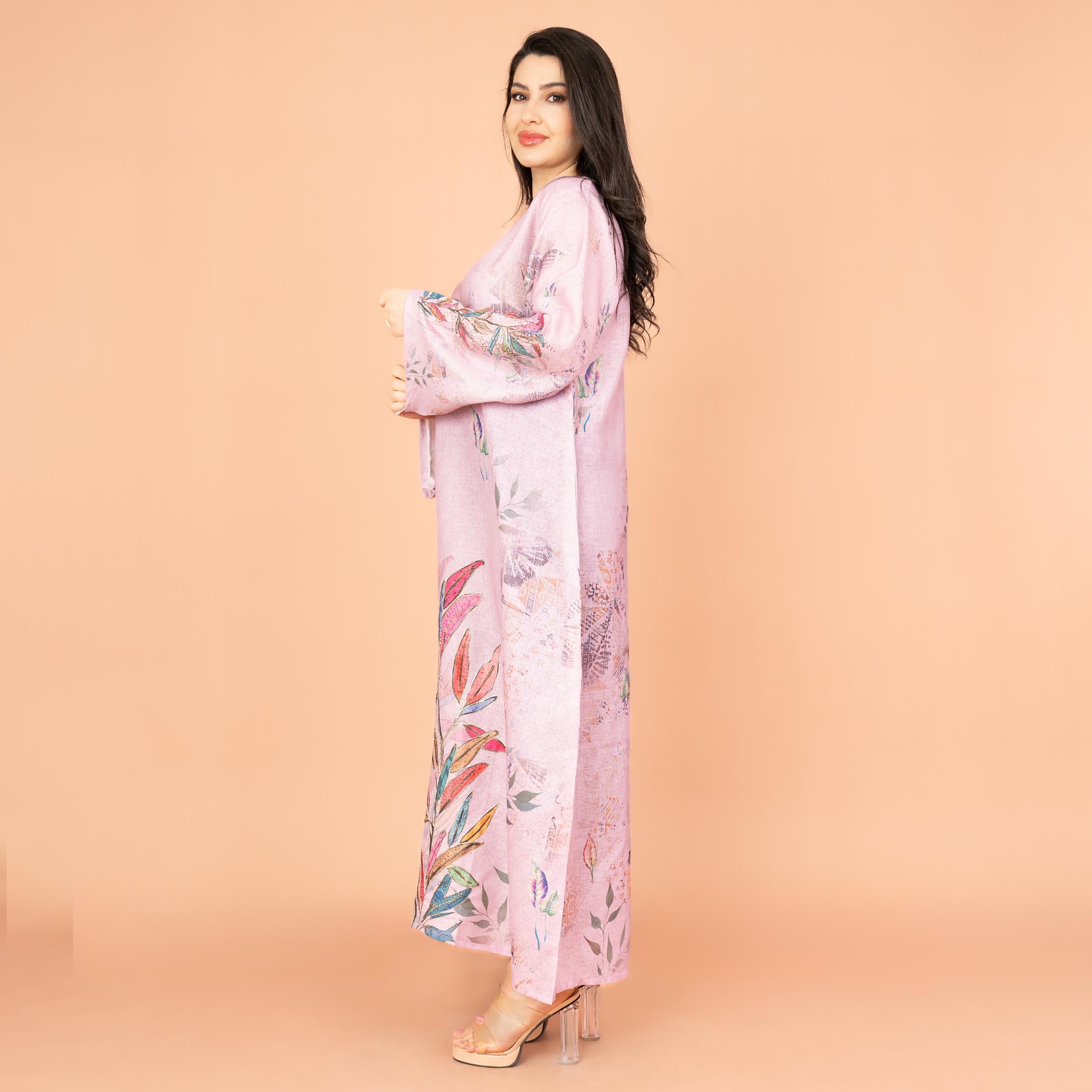 IKKXA Graceful Floral Highlight Print Sequins Neck Flared Sleeves Women's Jalabiya-women-arabicclothing-jalabiyas-image-3