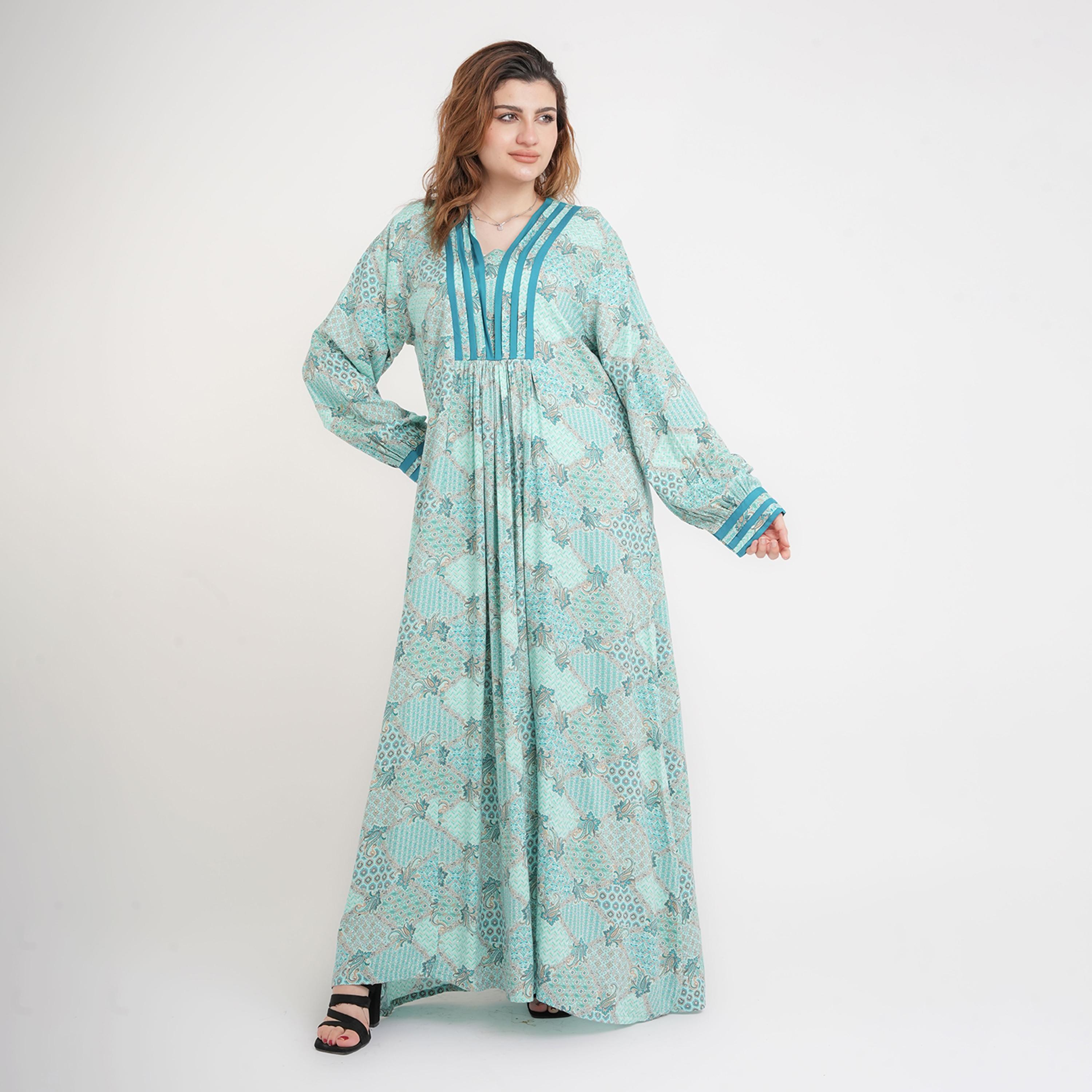 IKKXA Geometric & Paisley Bishop Sleeves Women's Jalabiya-women-arabicclothing-jalabiyas-image-1