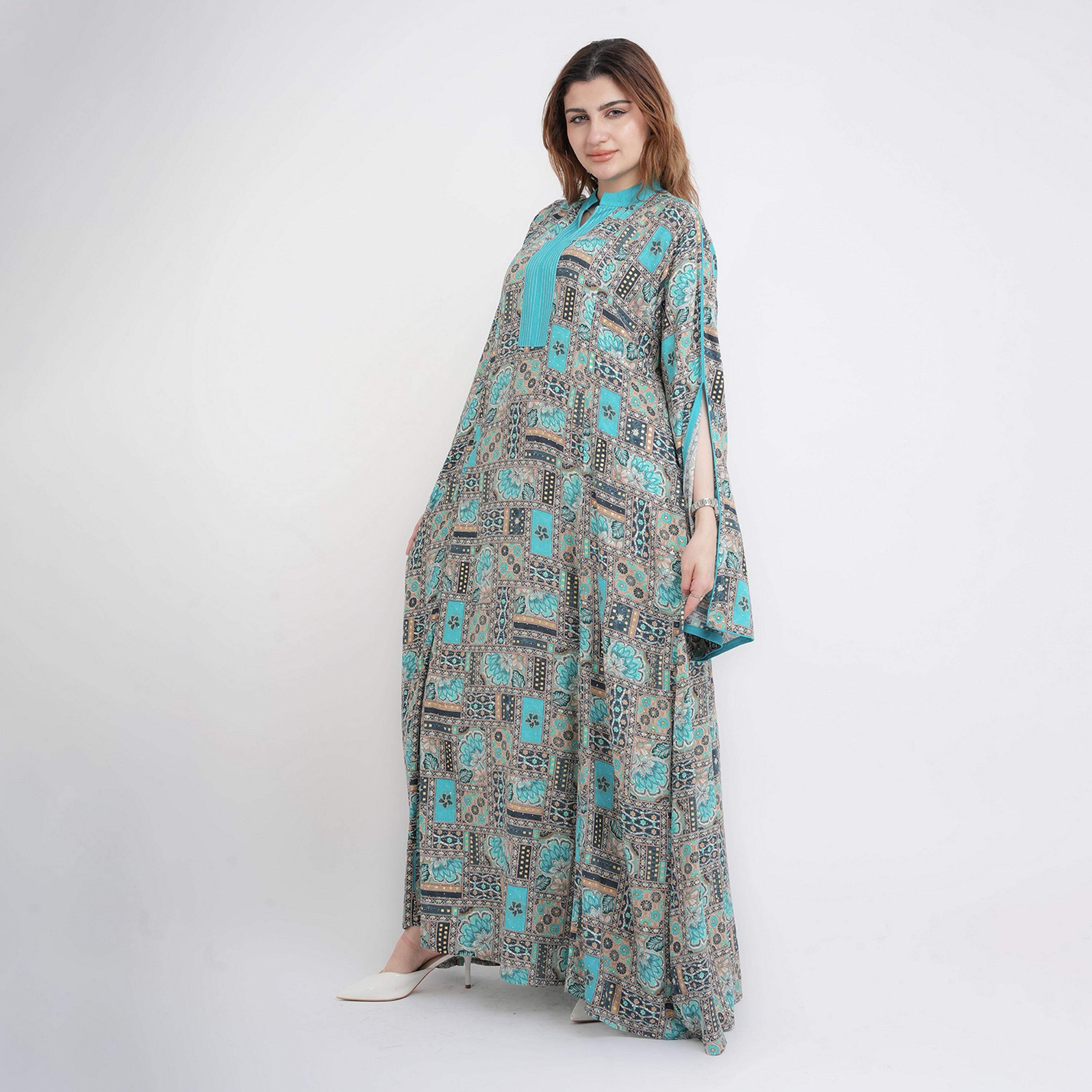 IKKXA Geometric Print Mandarin Collar Slit Sleeves Women's Jalabiya-women-arabicclothing-jalabiyas-image-3
