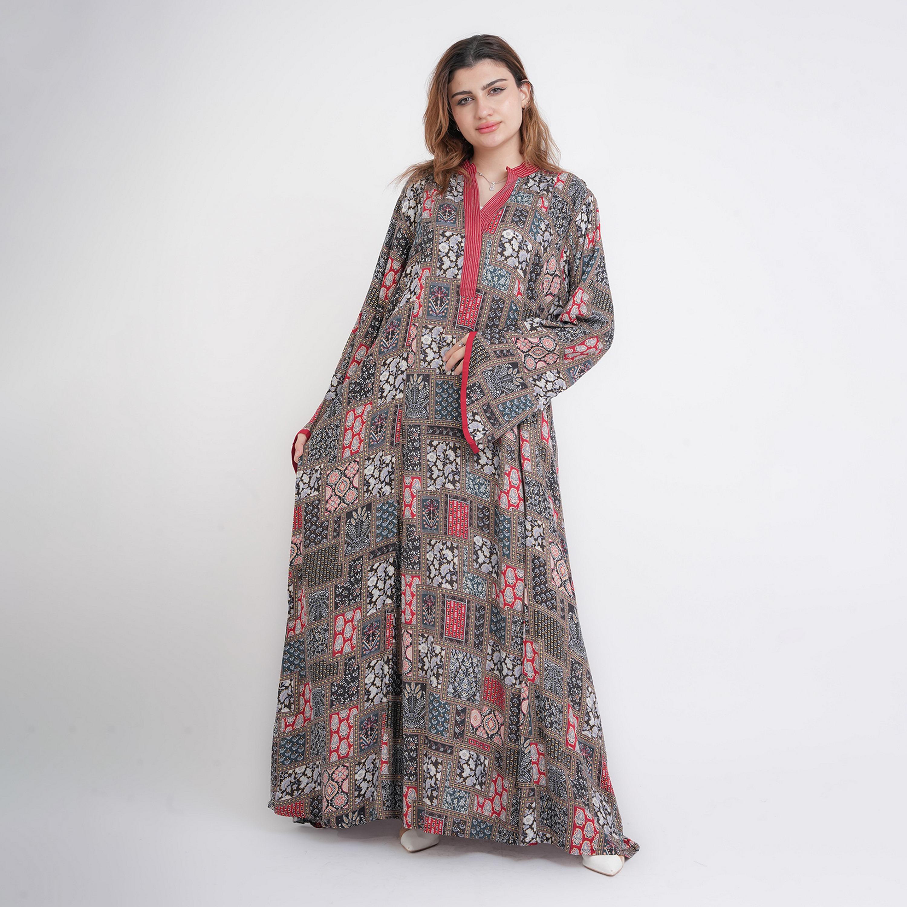 IKKXA Geometric Print Mandarin Collar Flared Sleeves Women's Jalabiya-women-arabicclothing-jalabiyas-image-1