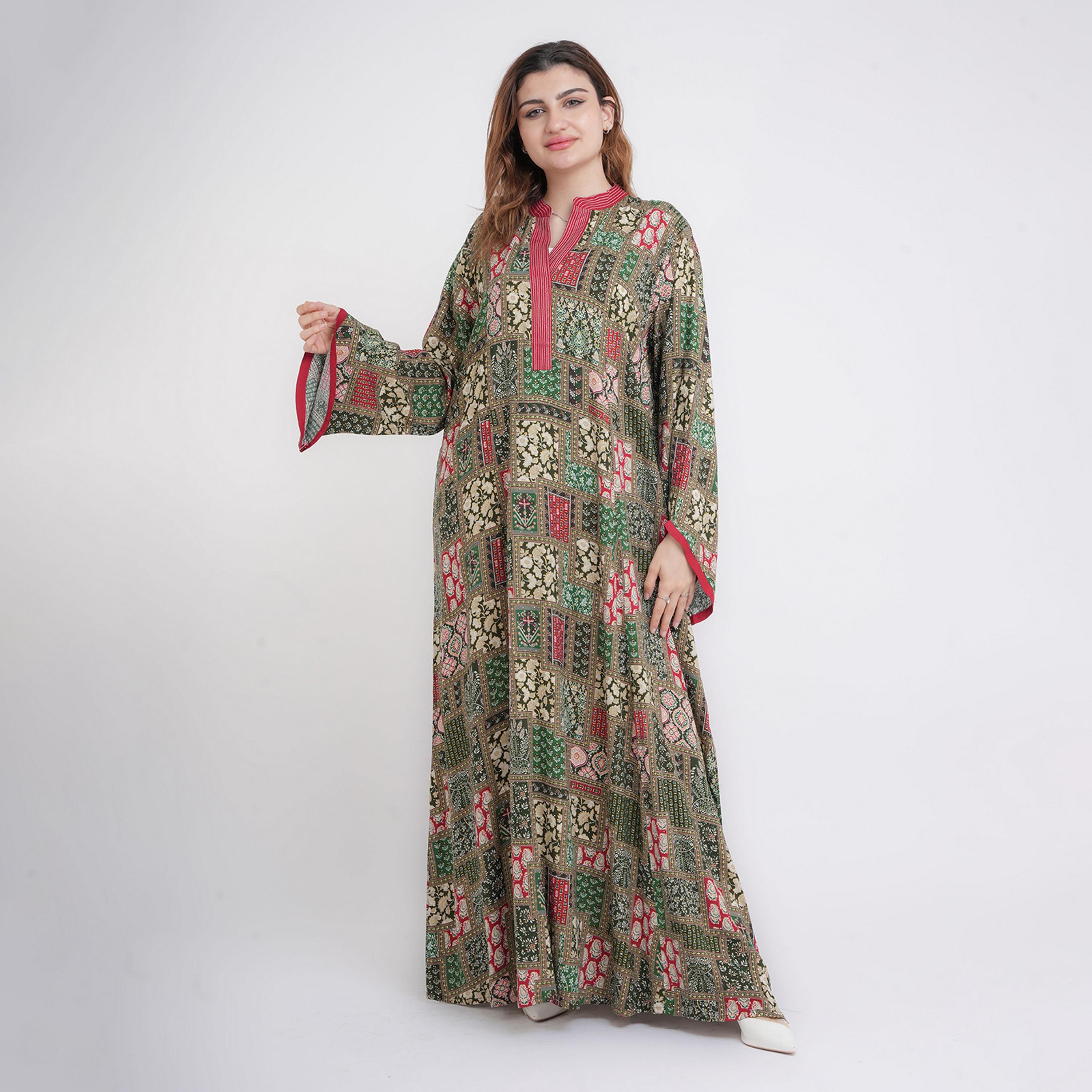 IKKXA Geometric Print Mandarin Collar Flared Sleeves Women's Jalabiya-women-arabicclothing-jalabiyas-image-5