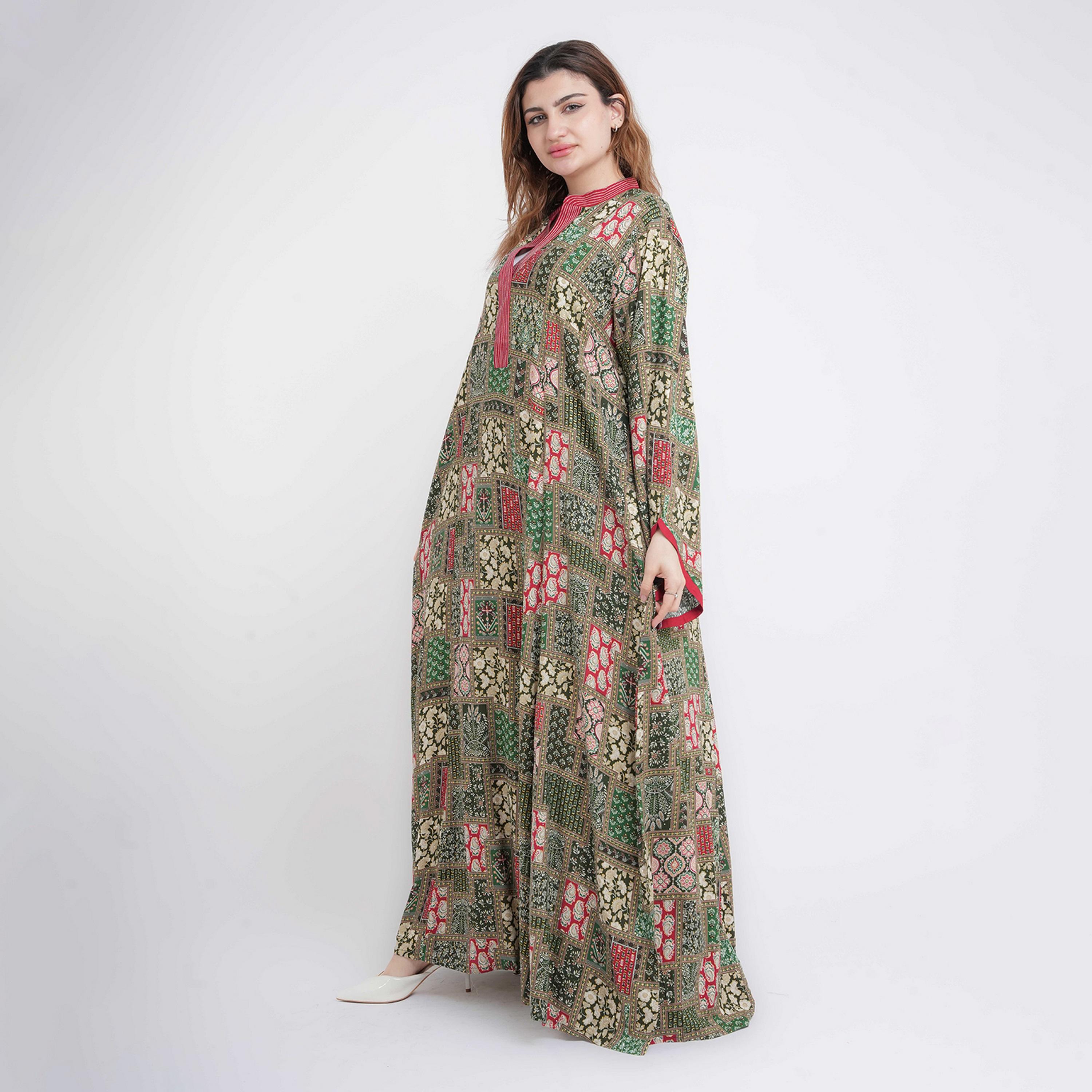 IKKXA Geometric Print Mandarin Collar Flared Sleeves Women's Jalabiya-women-arabicclothing-jalabiyas-image-7