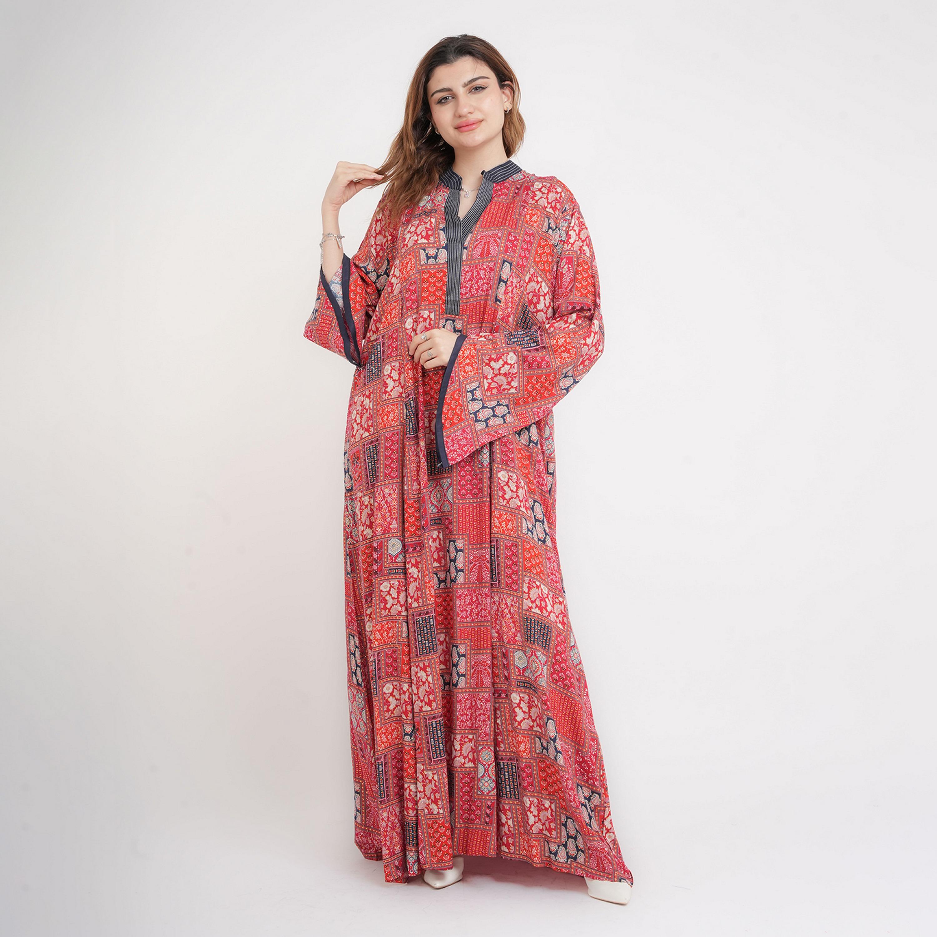 IKKXA Geometric Print Mandarin Collar Flared Sleeves Women's Jalabiya-women-arabicclothing-jalabiyas-image-9