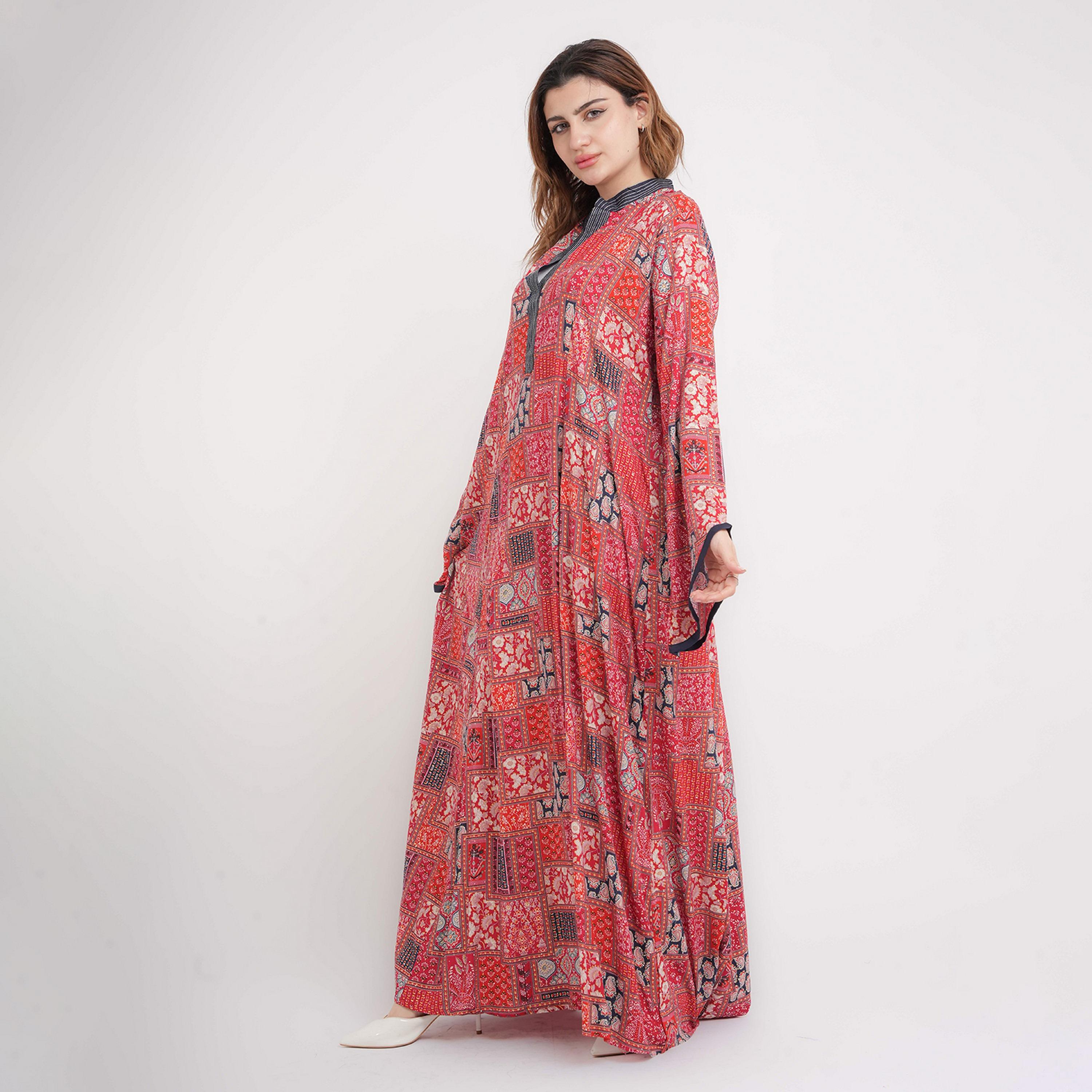 IKKXA Geometric Print Mandarin Collar Flared Sleeves Women's Jalabiya-women-arabicclothing-jalabiyas-image-11