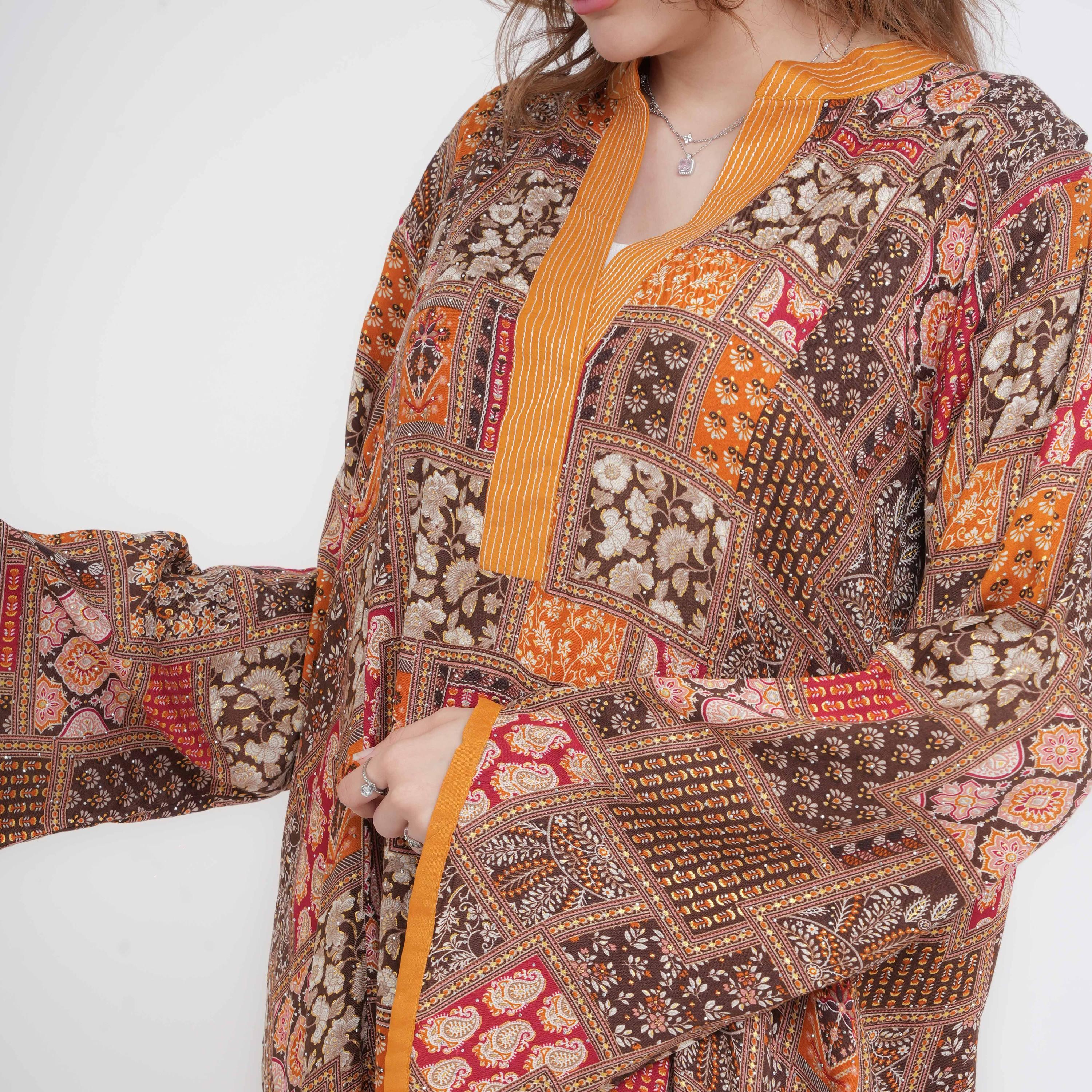 IKKXA Geometric Print Mandarin Collar Flared Sleeves Women's Jalabiya-women-arabicclothing-jalabiyas-image-14