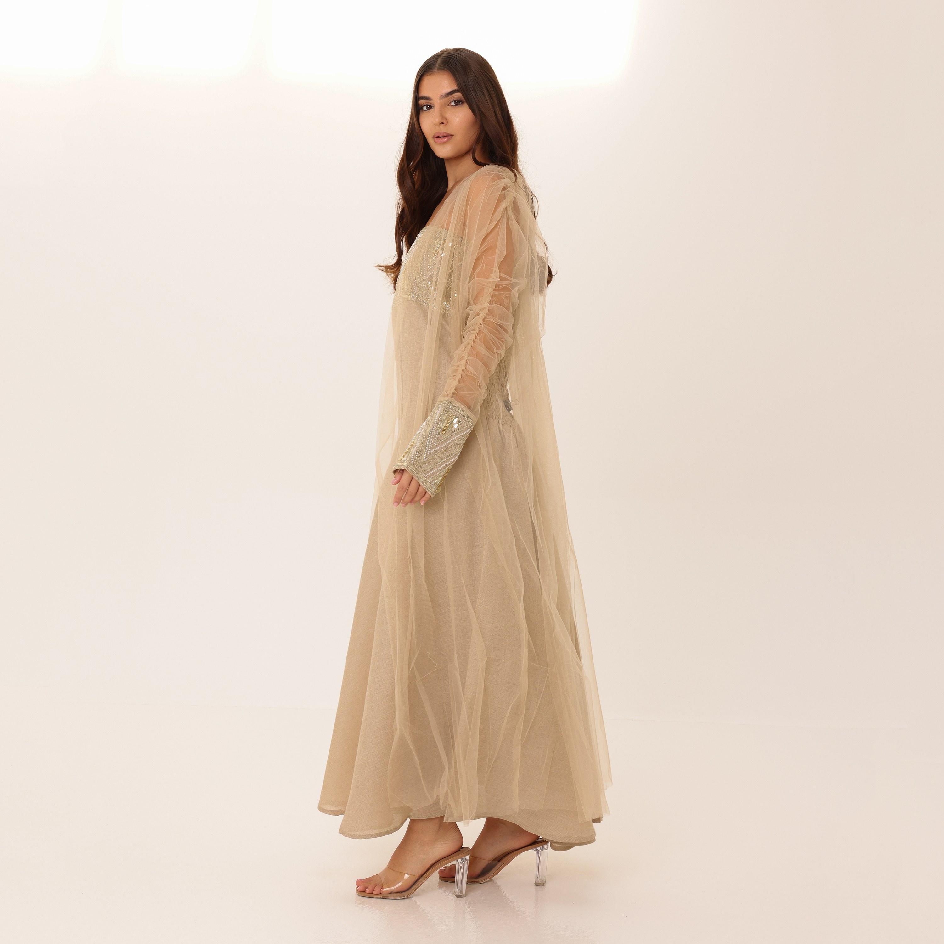 IKKXA Beaded Yoke Strapless Ruched Sheer Sleeves Women's Evening Flared Jalabiya with Overlay-women-clothing-dresses-image-10