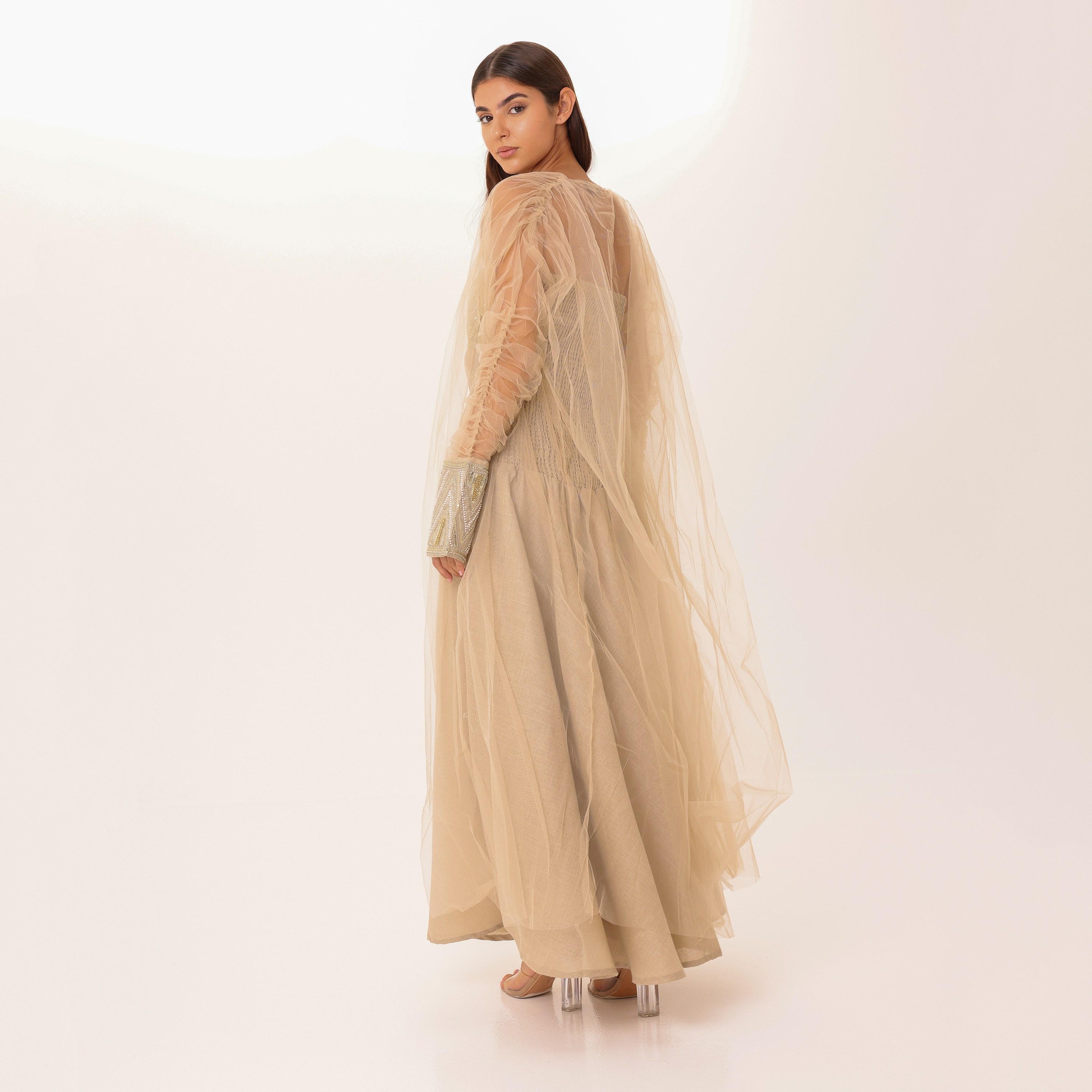 IKKXA Beaded Yoke Strapless Ruched Sheer Sleeves Women's Evening Flared Jalabiya with Overlay-women-clothing-dresses-image-11