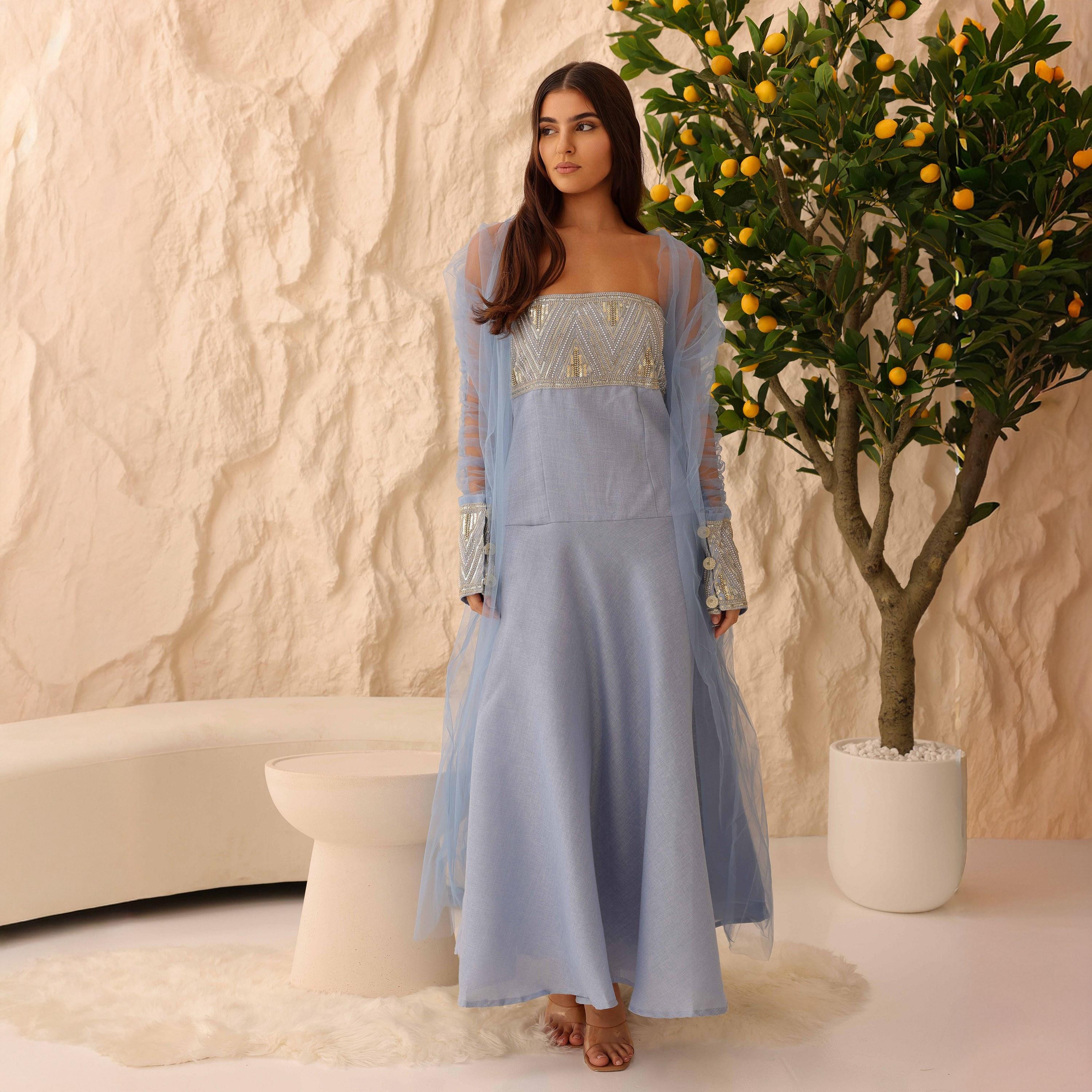 IKKXA Beaded Yoke Strapless Ruched Sheer Sleeves Women's Evening Flared Jalabiya with Overlay-women-clothing-dresses-image-1
