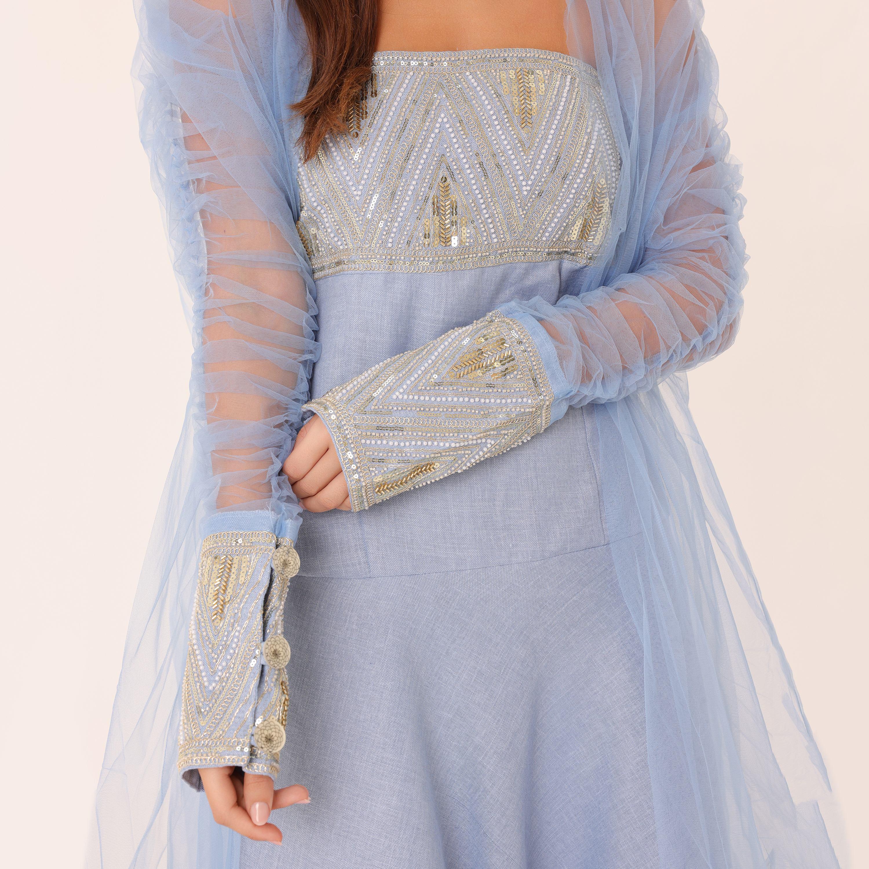 IKKXA Beaded Yoke Strapless Ruched Sheer Sleeves Women's Evening Flared Jalabiya with Overlay-women-clothing-dresses-image-2