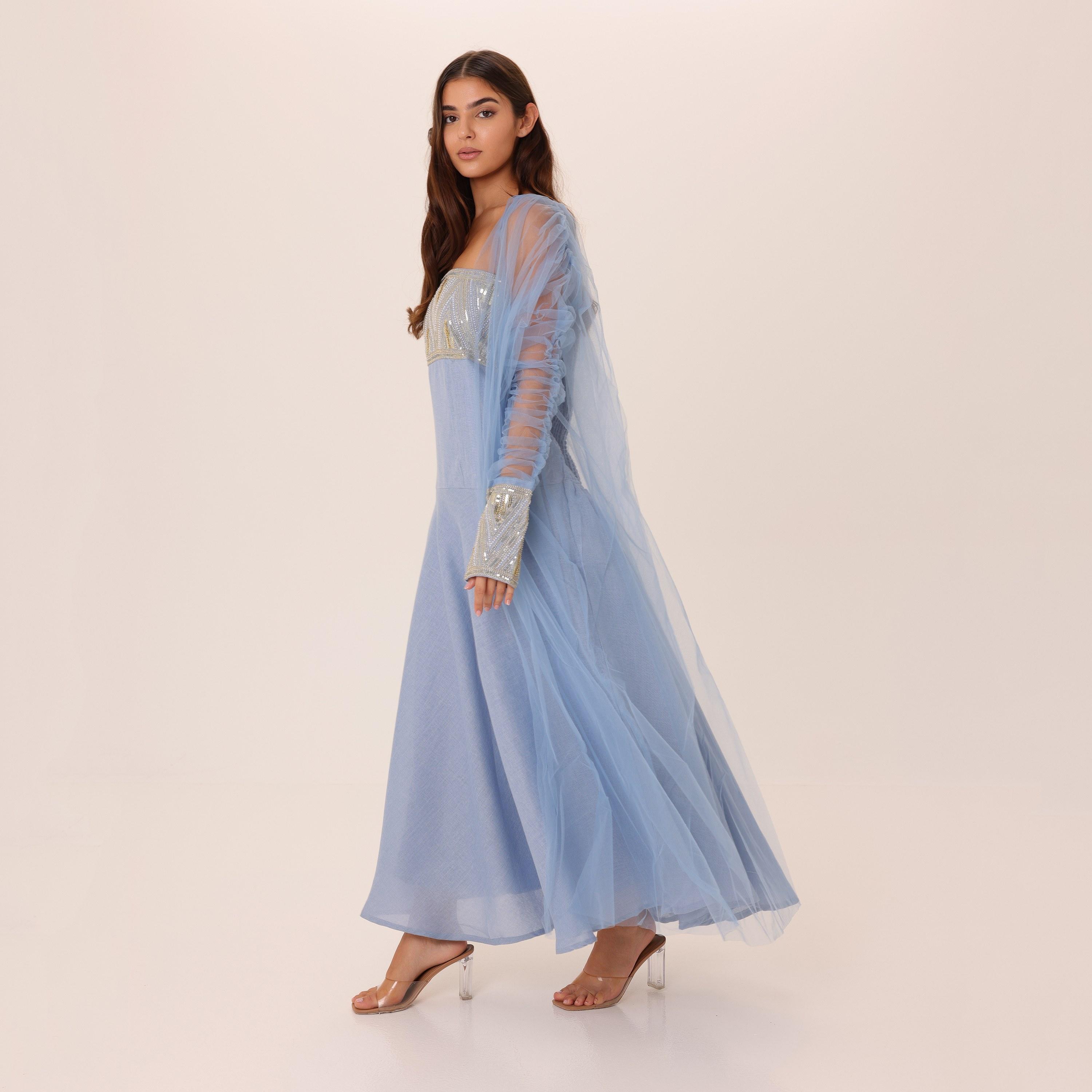 IKKXA Beaded Yoke Strapless Ruched Sheer Sleeves Women's Evening Flared Jalabiya with Overlay-women-clothing-dresses-image-3