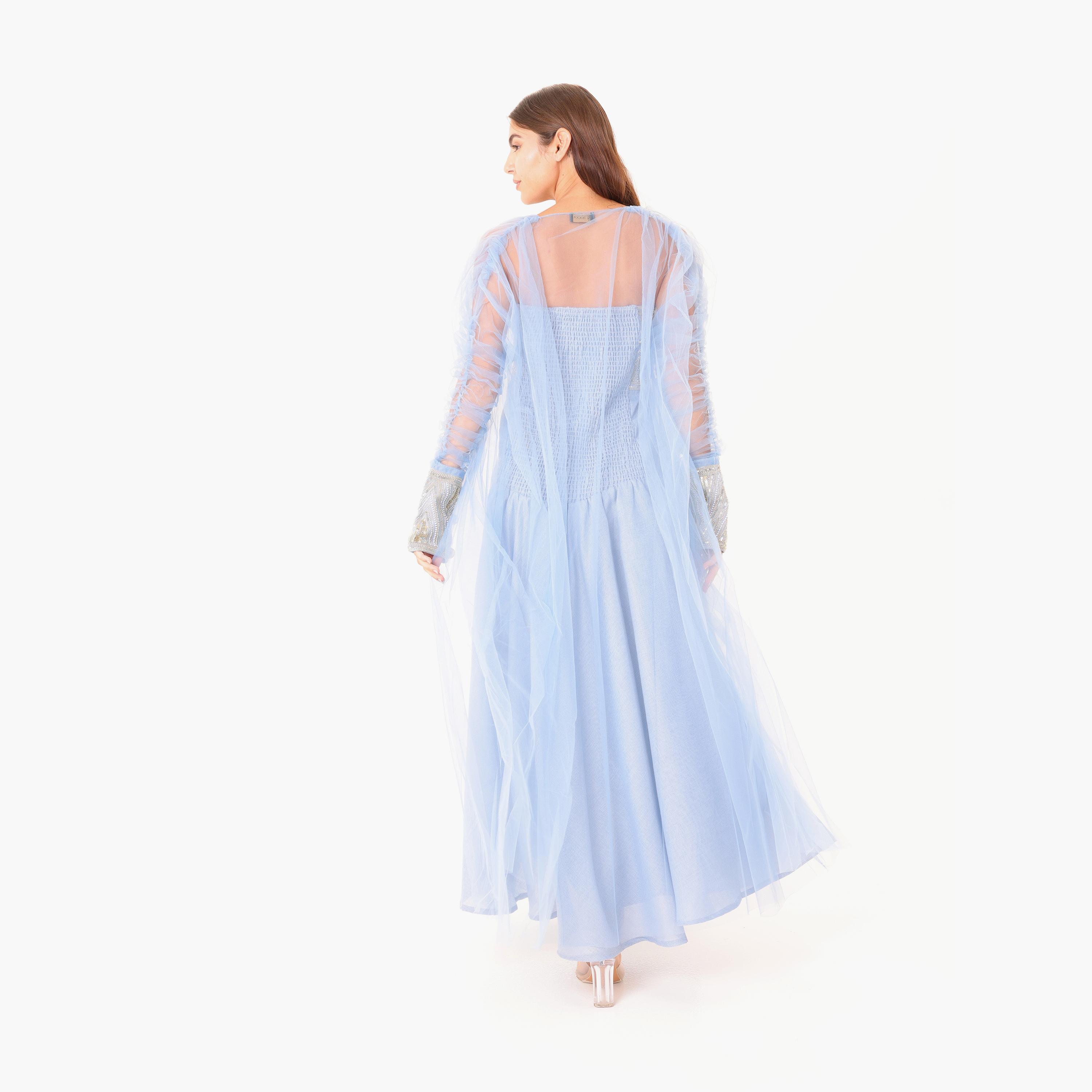 IKKXA Beaded Yoke Strapless Ruched Sheer Sleeves Women's Evening Flared Jalabiya with Overlay-women-clothing-dresses-image-4