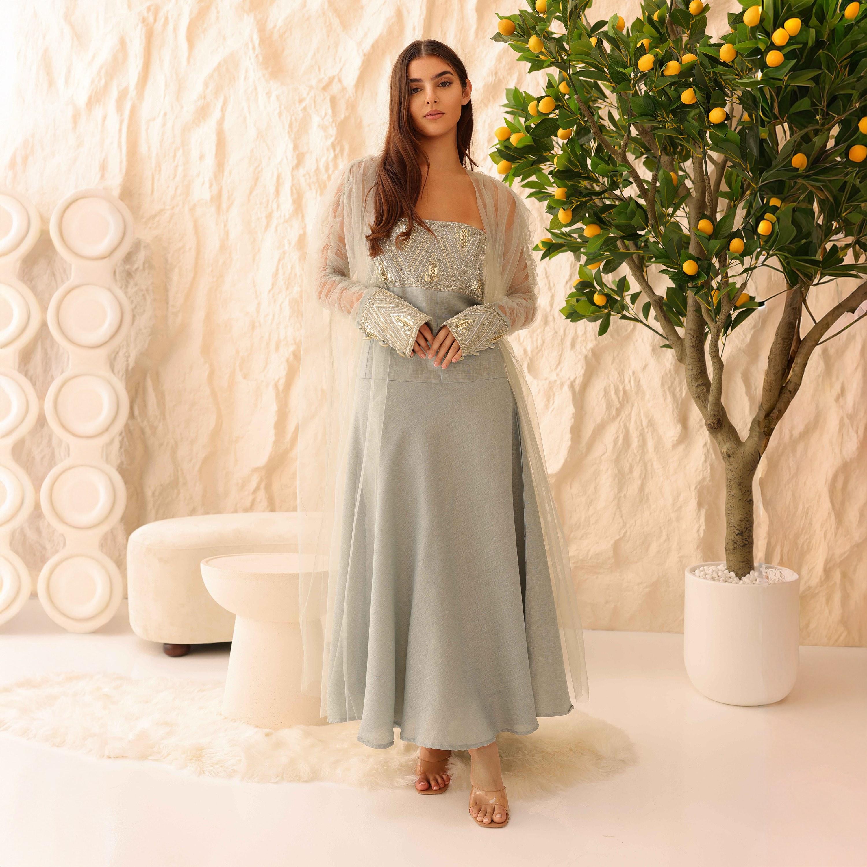 IKKXA Beaded Yoke Strapless Ruched Sheer Sleeves Women's Evening Flared Jalabiya with Overlay-women-clothing-dresses-image-1