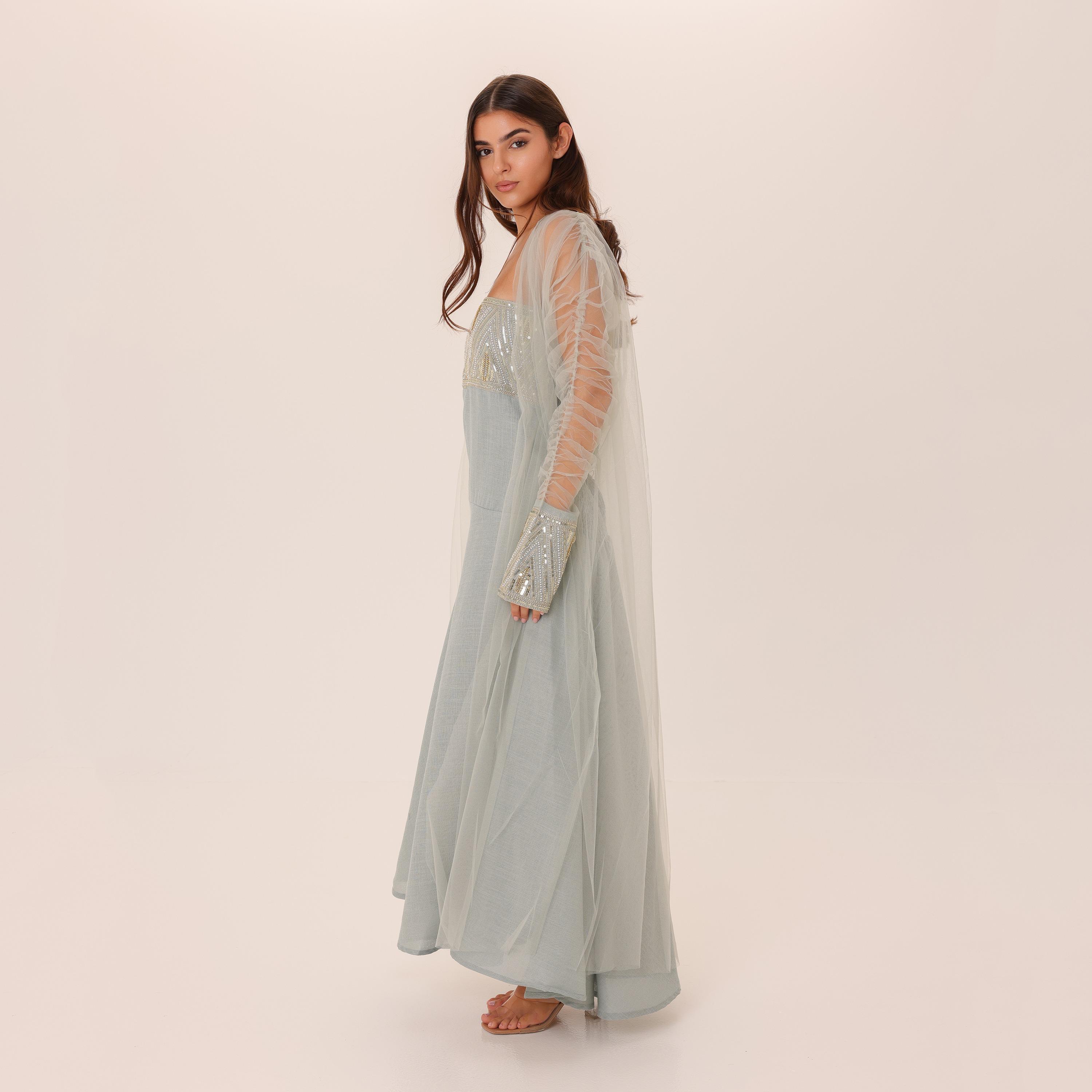 IKKXA Beaded Yoke Strapless Ruched Sheer Sleeves Women's Evening Flared Jalabiya with Overlay-women-clothing-dresses-image-7