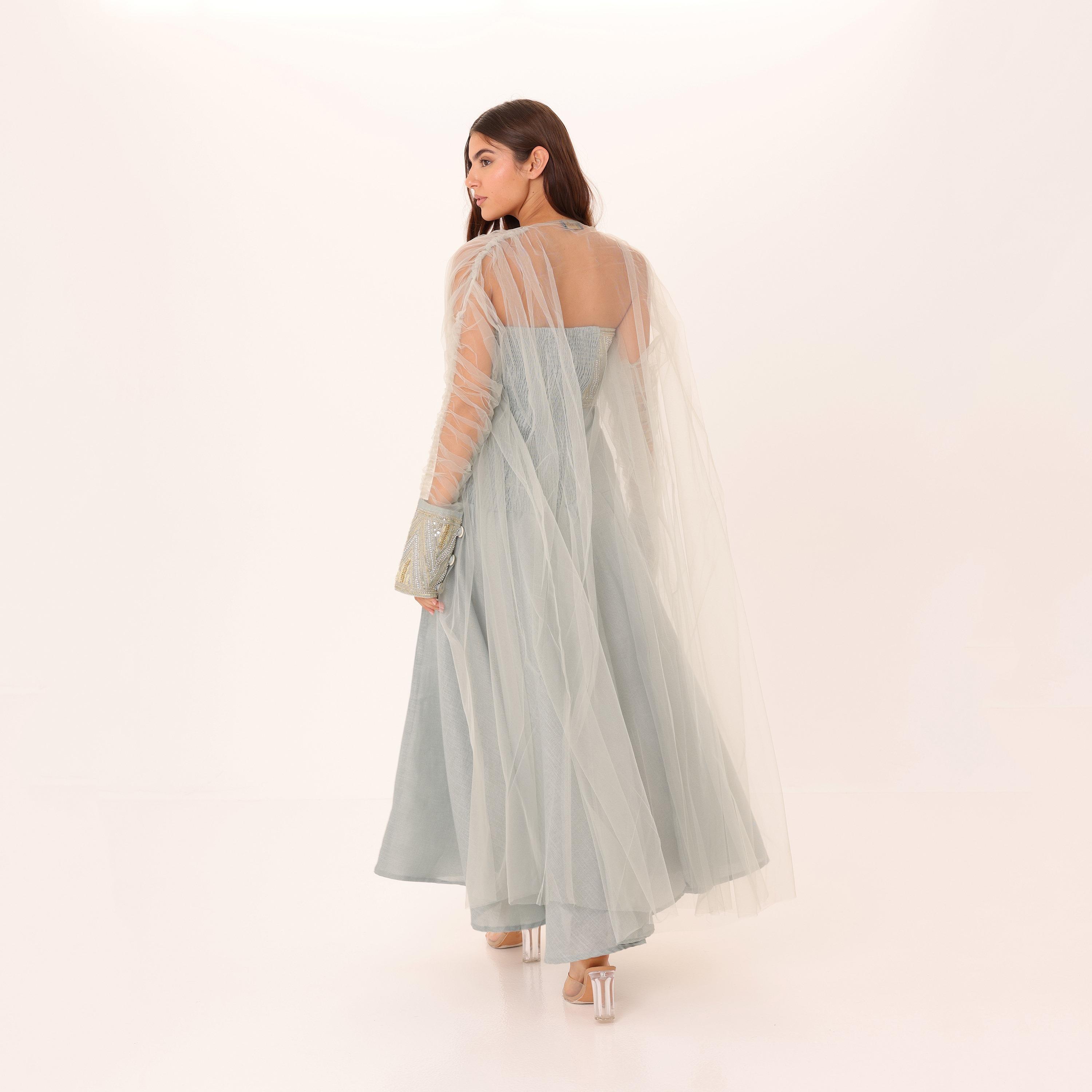 IKKXA Beaded Yoke Strapless Ruched Sheer Sleeves Women's Evening Flared Jalabiya with Overlay-women-clothing-dresses-image-4