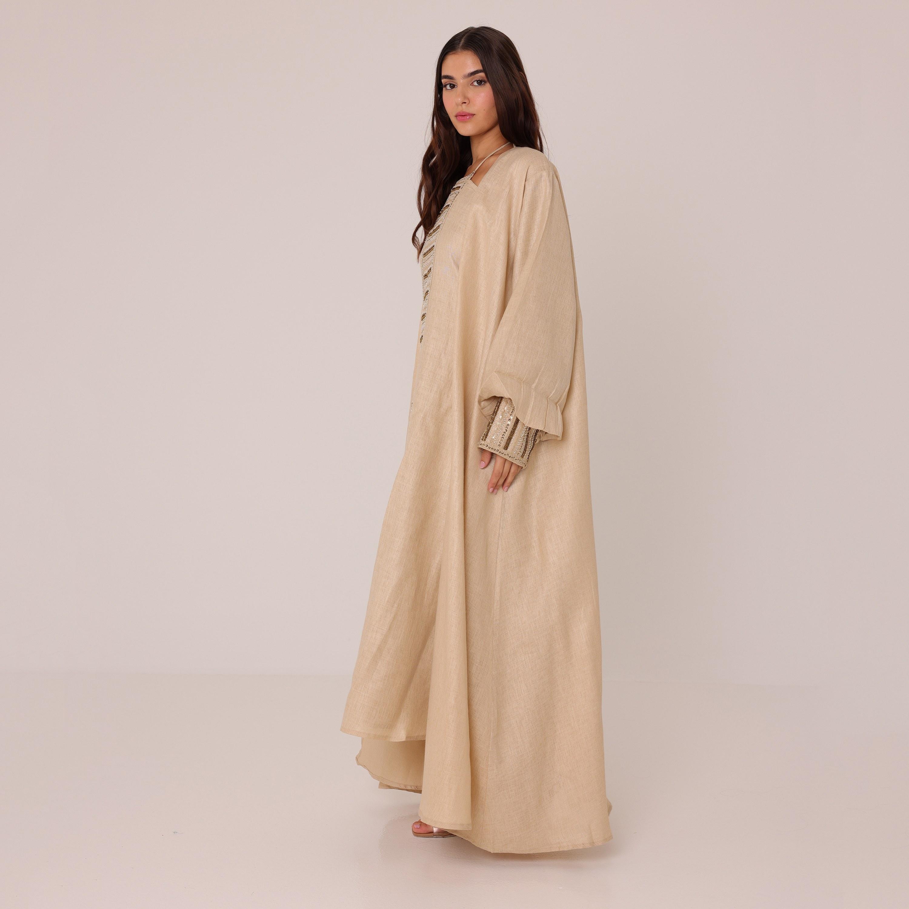 فستان سهرة داخلي مع عباية بأكمام واسعة ومزينة بالخرز من إيككسا-women-arabicclothing-abayas-image-4
