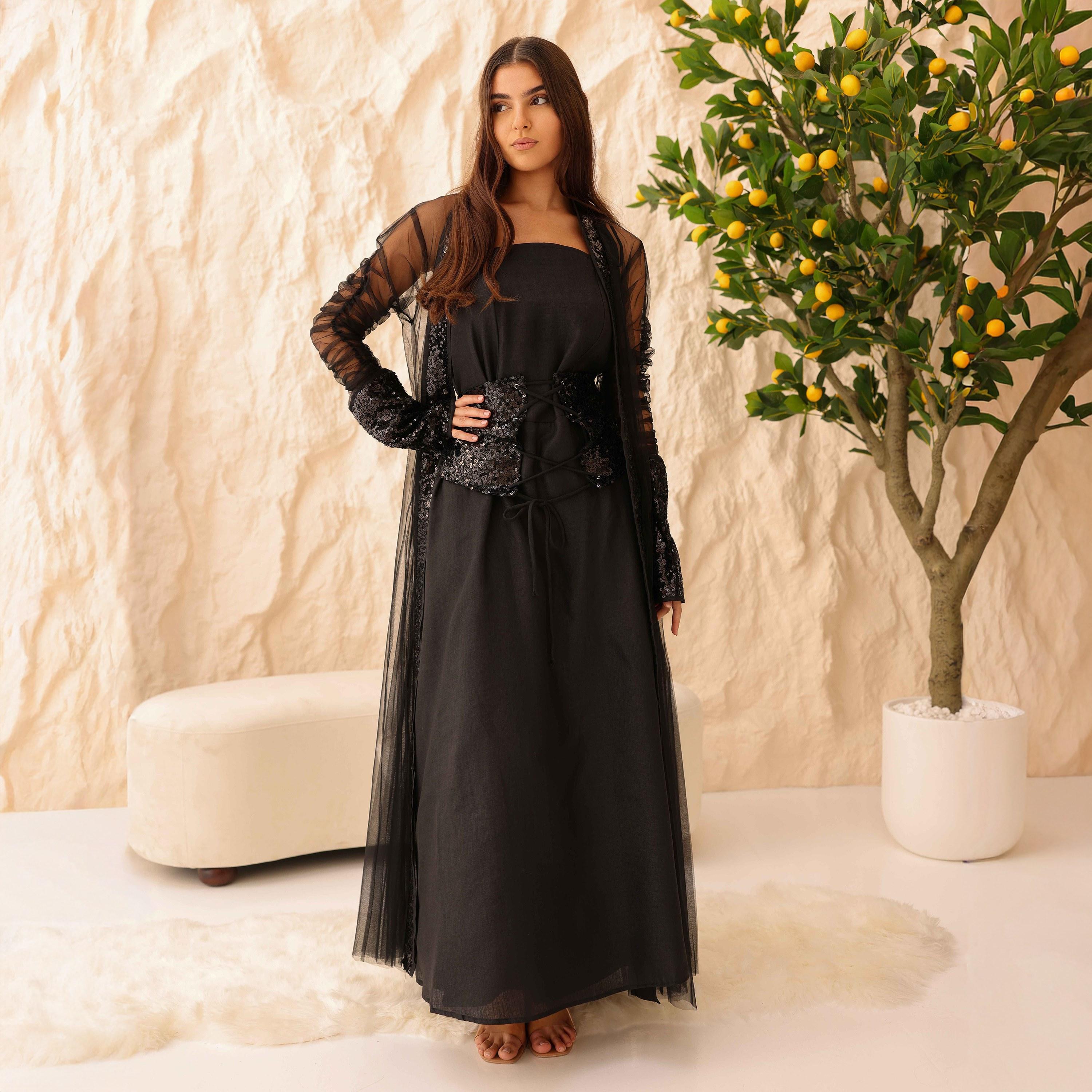 جلابية سهرة نسائية واسعة من التول مزينة بالترتر وتصميم مكشكش بدون حمالات مع أكمام شفافة وطبقة علوية من إيككسا-women-arabicclothing-jalabiyas-image-10