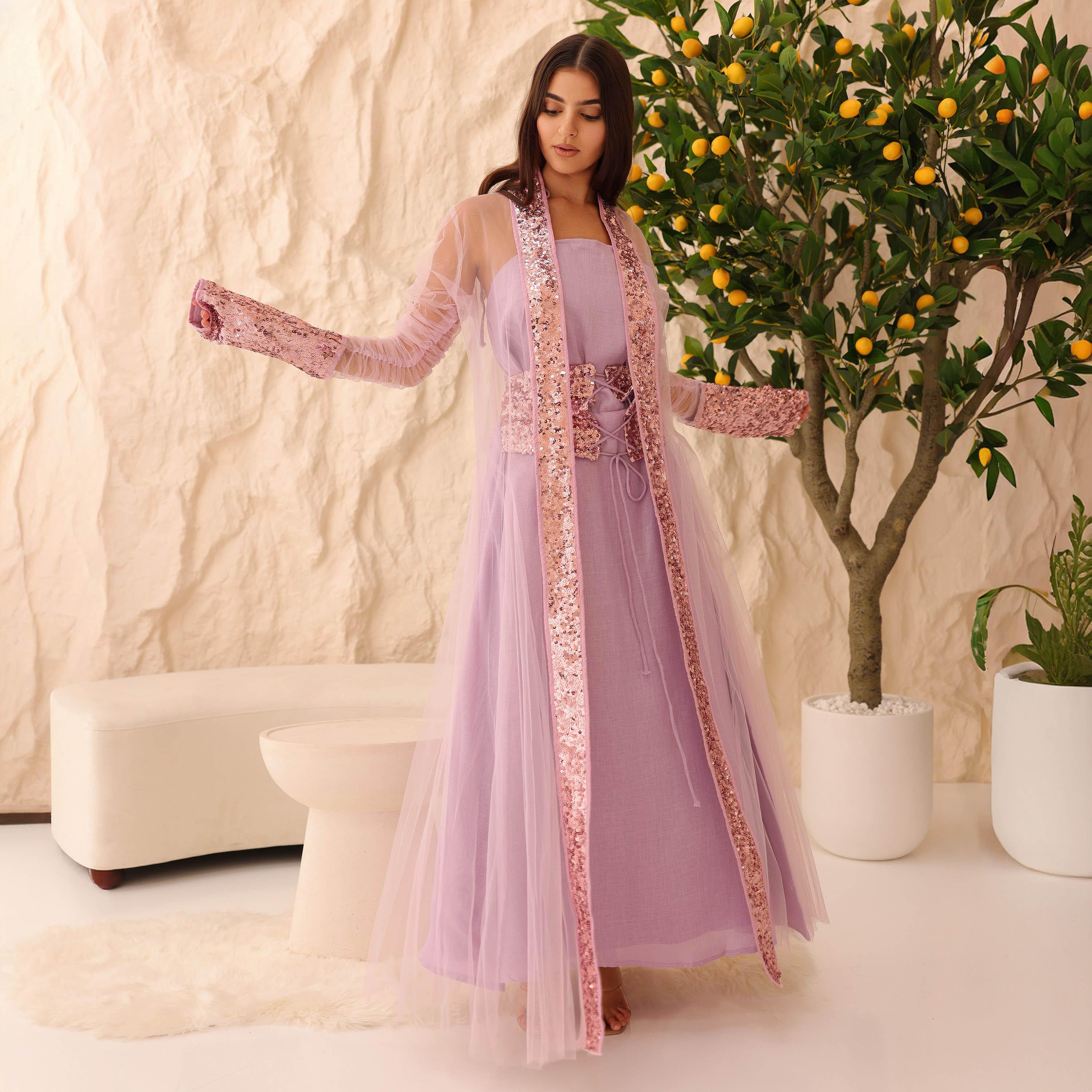 جلابية سهرة نسائية واسعة من التول مزينة بالترتر وتصميم مكشكش بدون حمالات مع أكمام شفافة وطبقة علوية من إيككسا-women-arabicclothing-jalabiyas-image-1