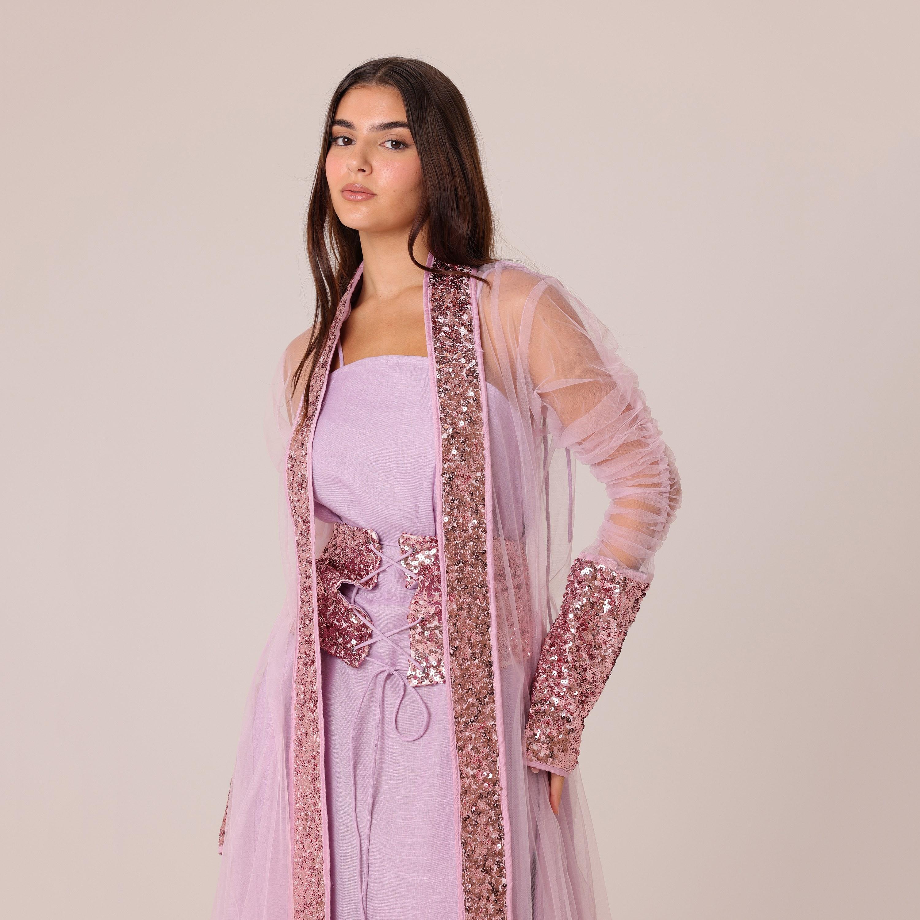 جلابية سهرة نسائية واسعة من التول مزينة بالترتر وتصميم مكشكش بدون حمالات مع أكمام شفافة وطبقة علوية من إيككسا-women-arabicclothing-jalabiyas-image-2