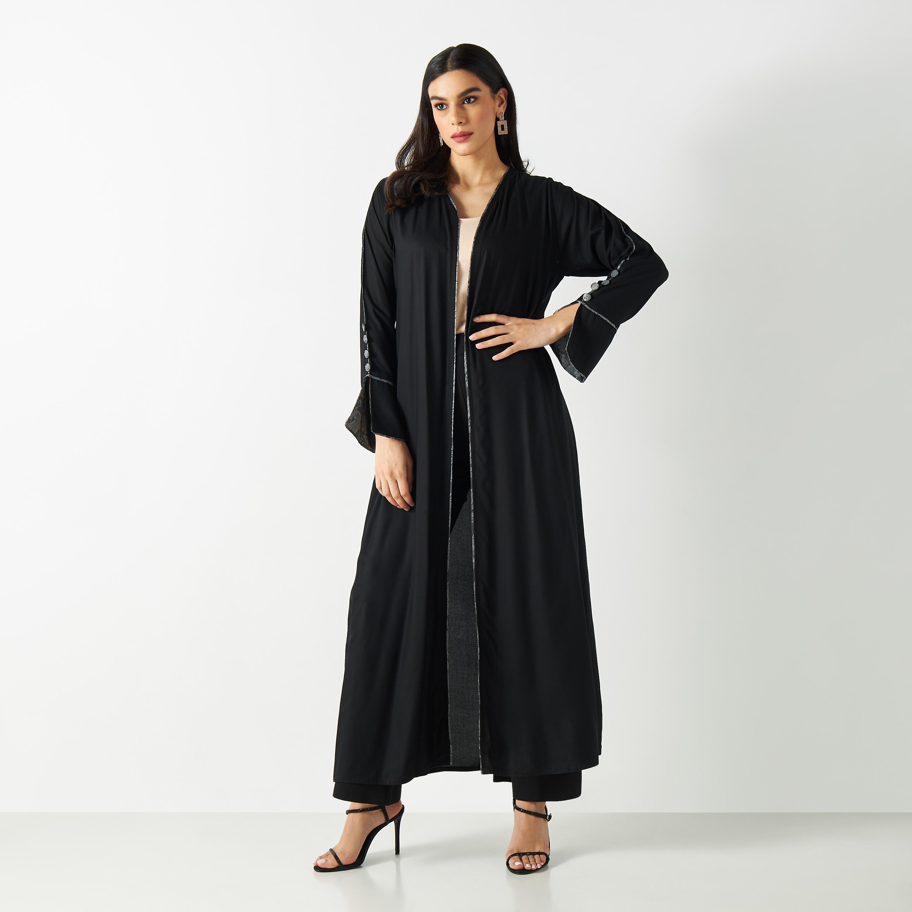 Printed Abaya with Slit Detail Sleeves and Button Accents-women-arabicclothing-abayas-image-1