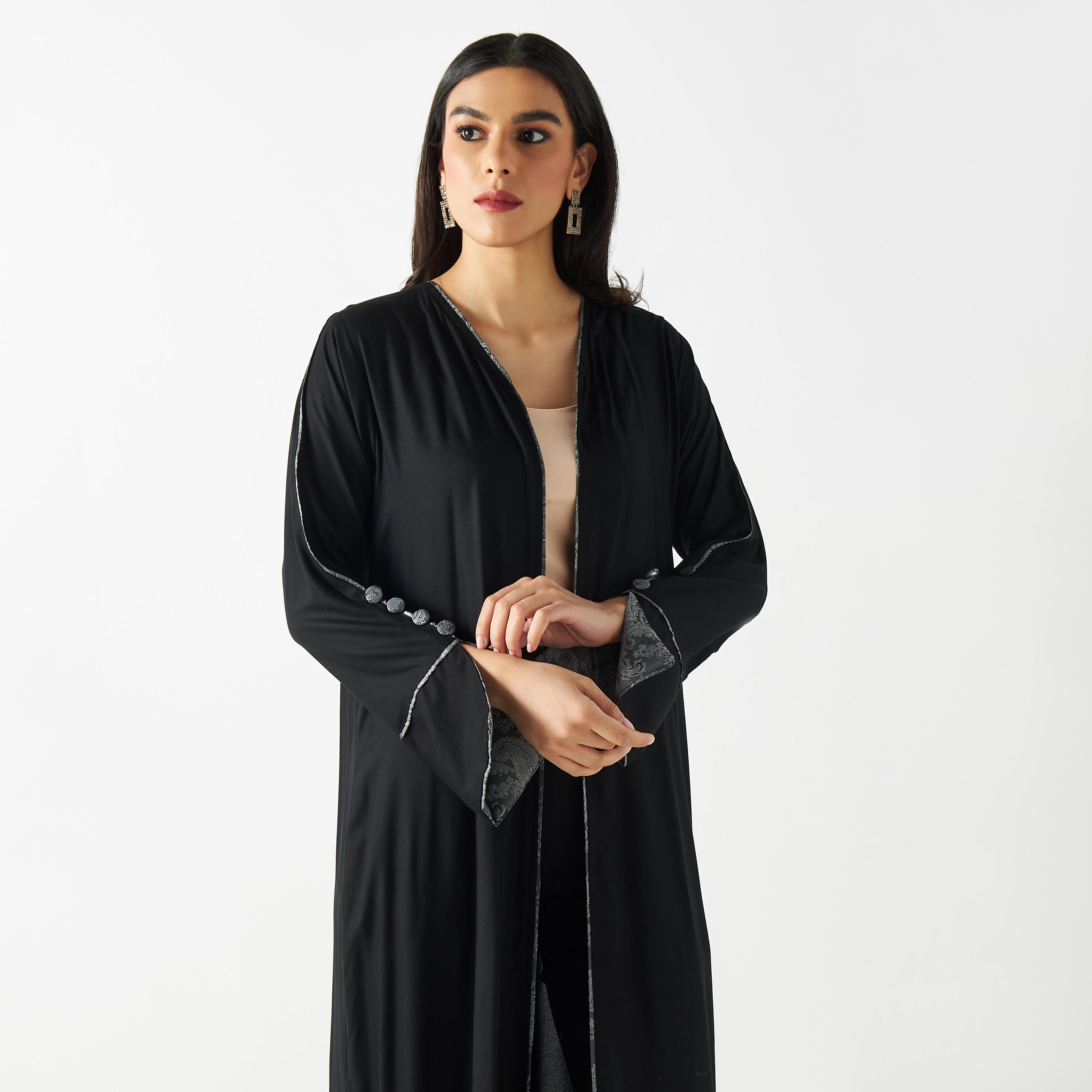 Printed Abaya with Slit Detail Sleeves and Button Accents-women-arabicclothing-abayas-image-2