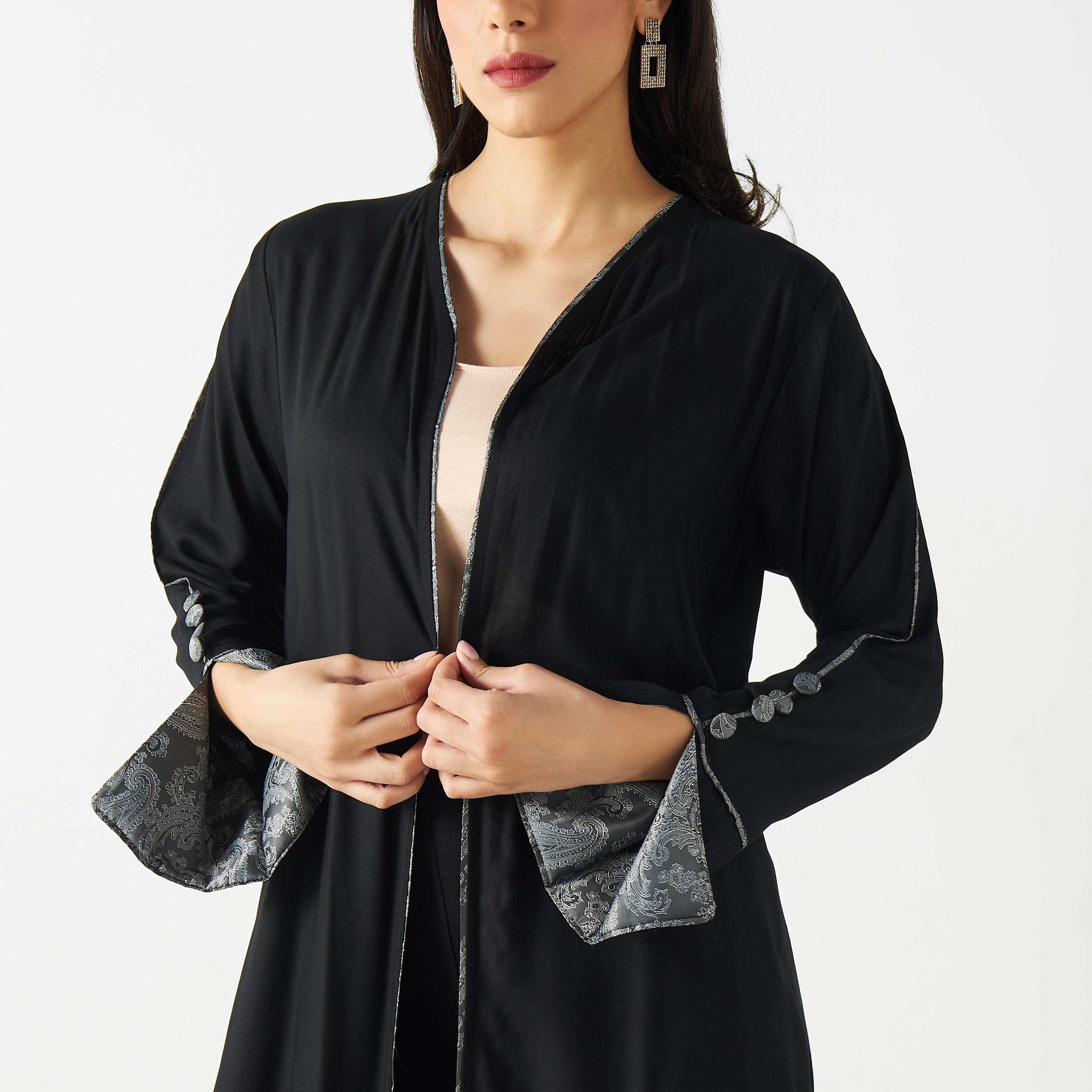 Printed Abaya with Slit Detail Sleeves and Button Accents-women-arabicclothing-abayas-image-3