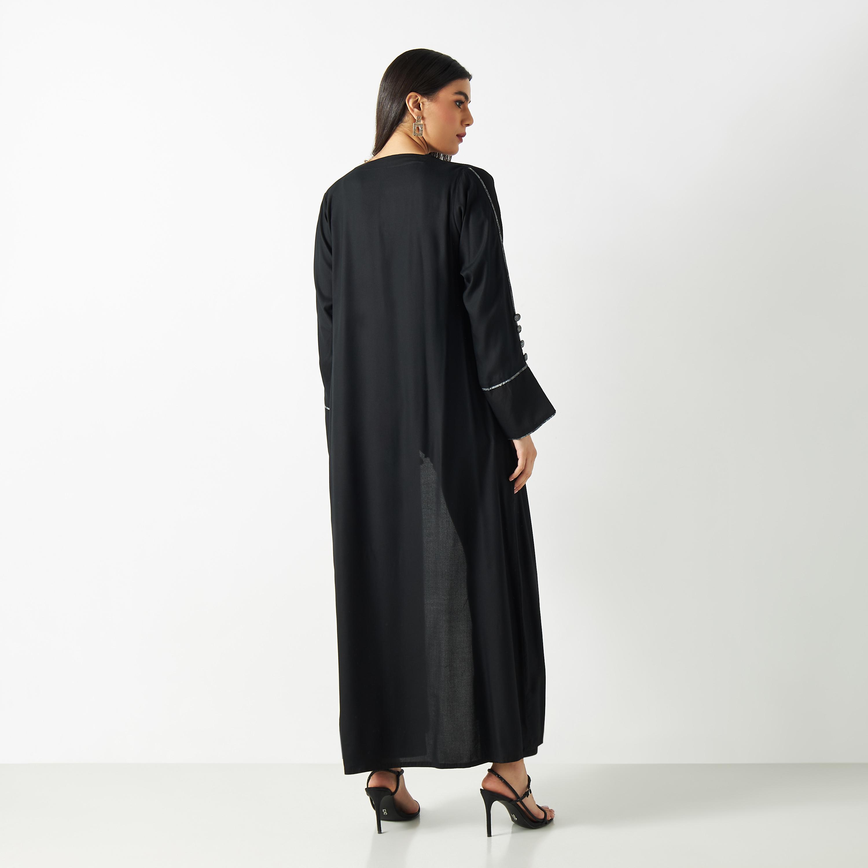 Printed Abaya with Slit Detail Sleeves and Button Accents-women-arabicclothing-abayas-image-5