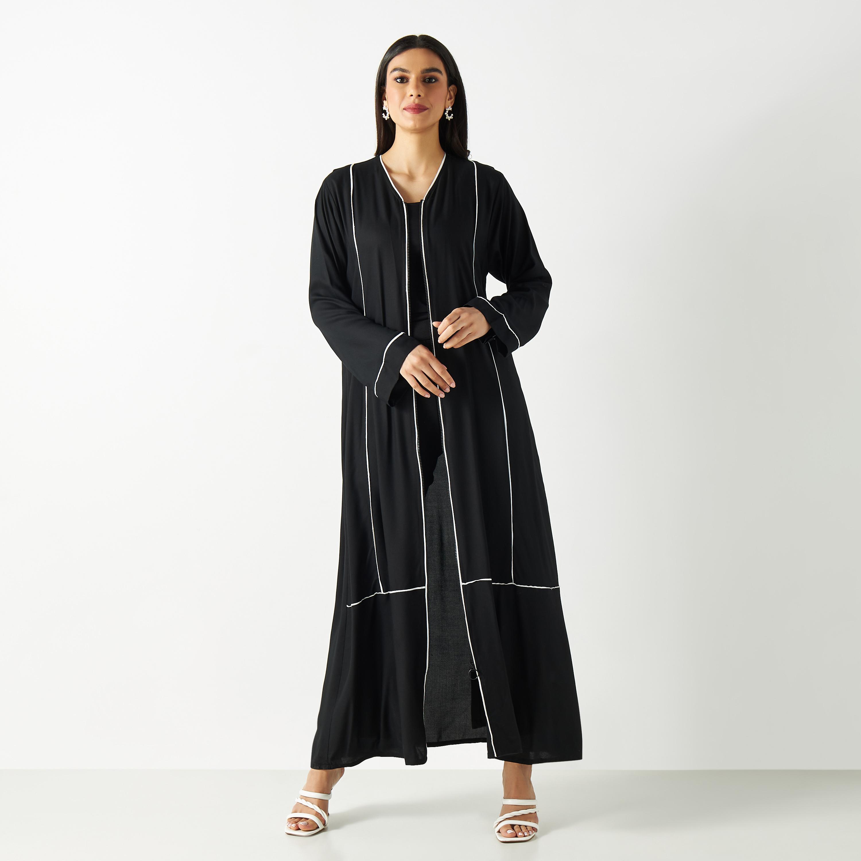 Solid Abaya with V-neck and Zip Closure-women-arabicclothing-abayas-image-1