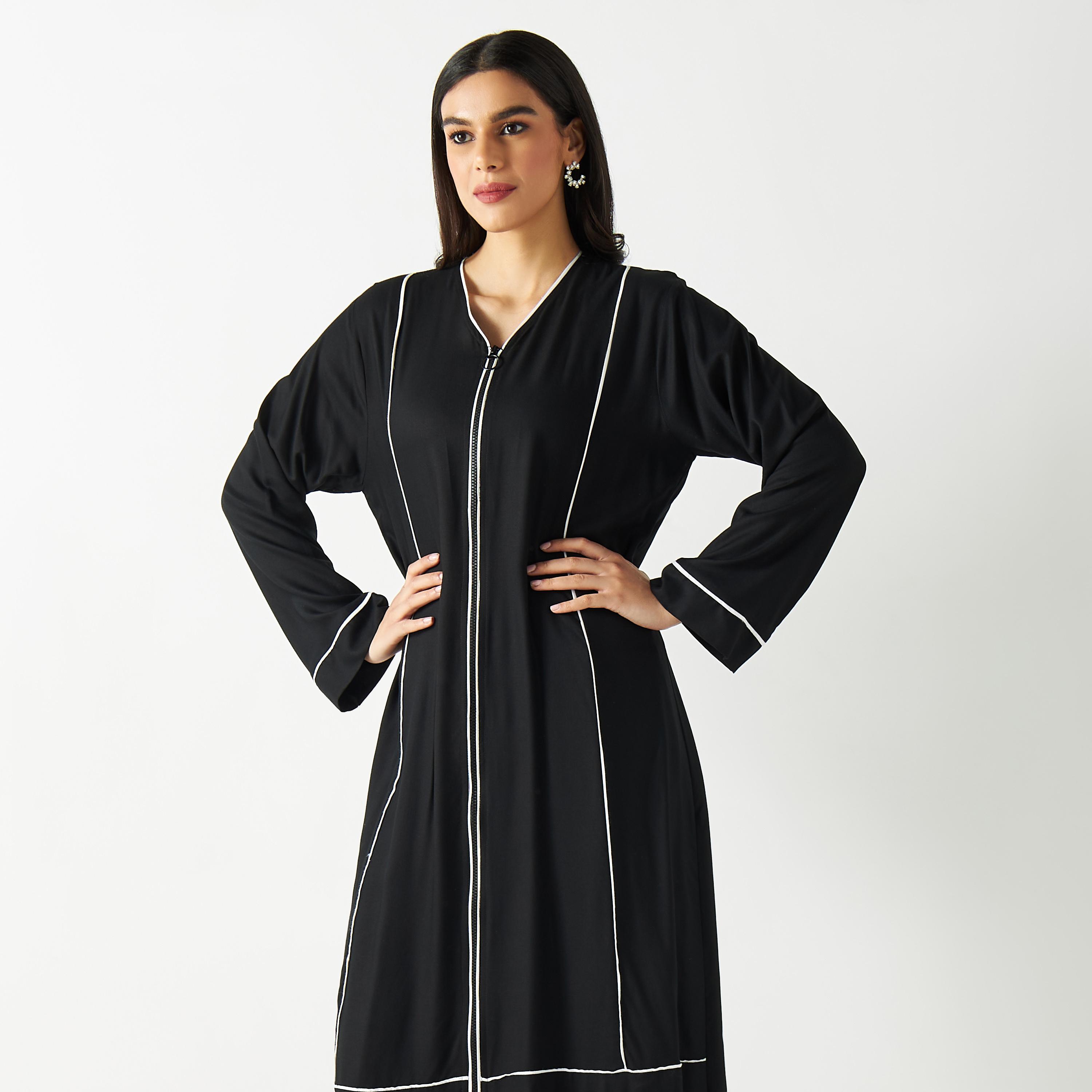 Solid Abaya with V-neck and Zip Closure-women-arabicclothing-abayas-image-2