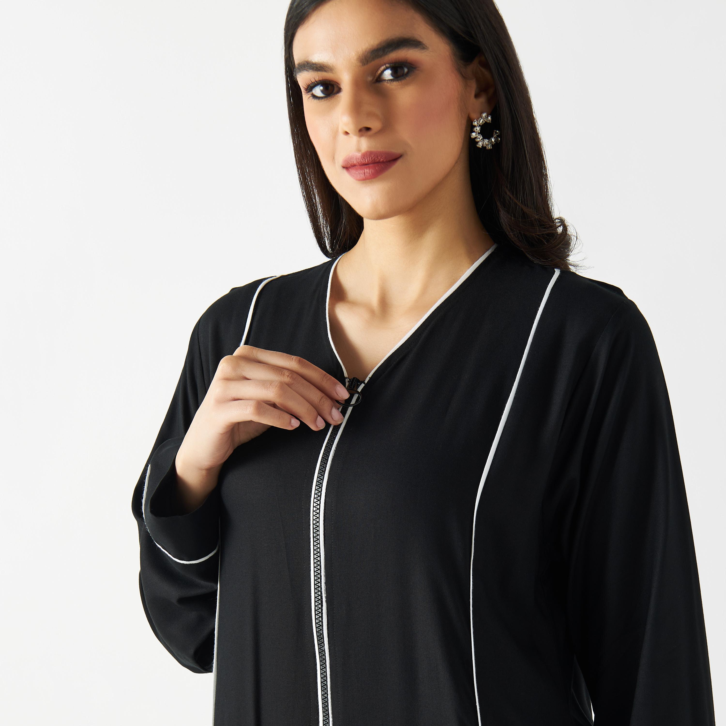 Solid Abaya with V-neck and Zip Closure-women-arabicclothing-abayas-image-3