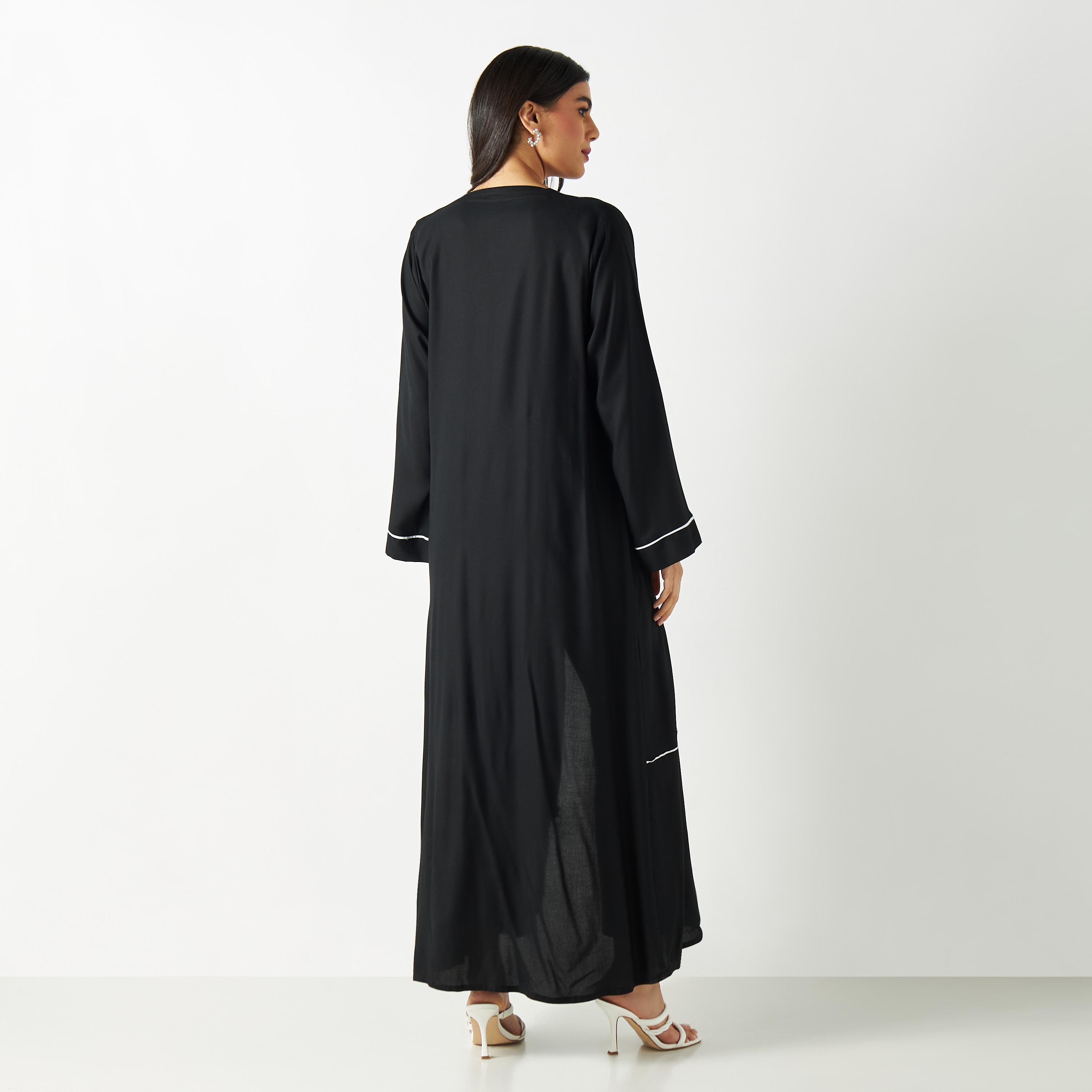 Solid Abaya with V-neck and Zip Closure-women-arabicclothing-abayas-image-5