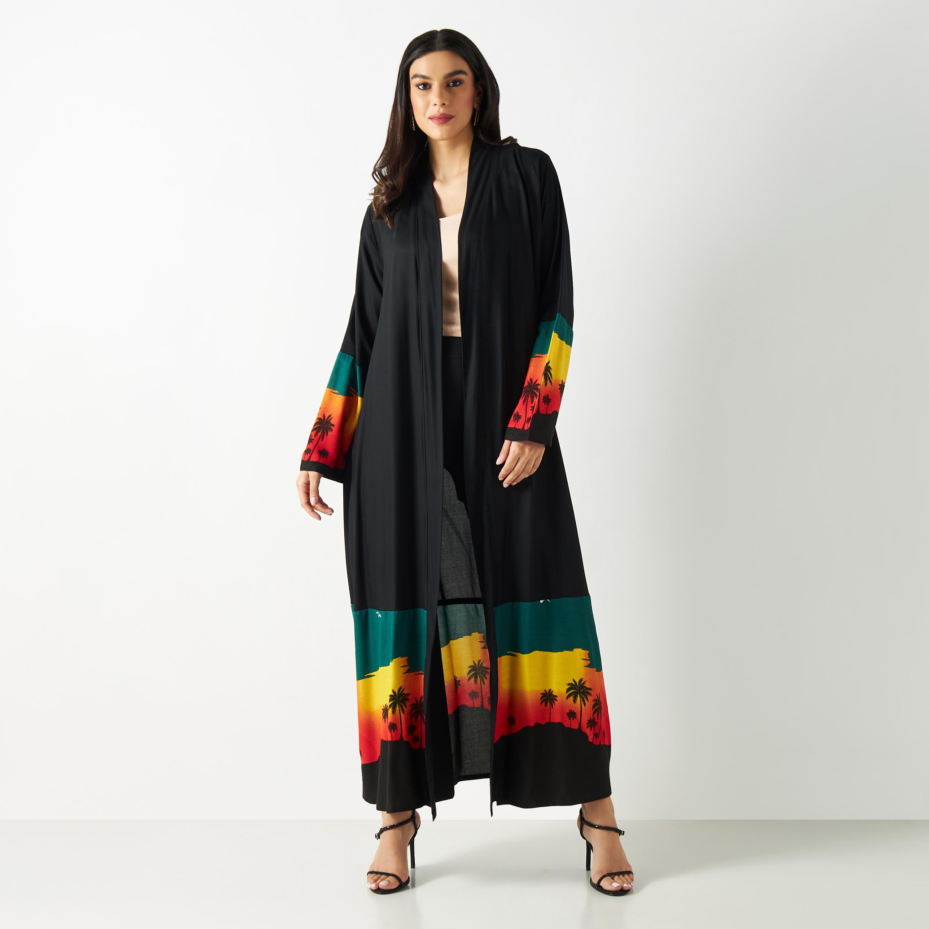 Printed Sleeves Open Front Abaya-women-arabicclothing-abayas-image-1
