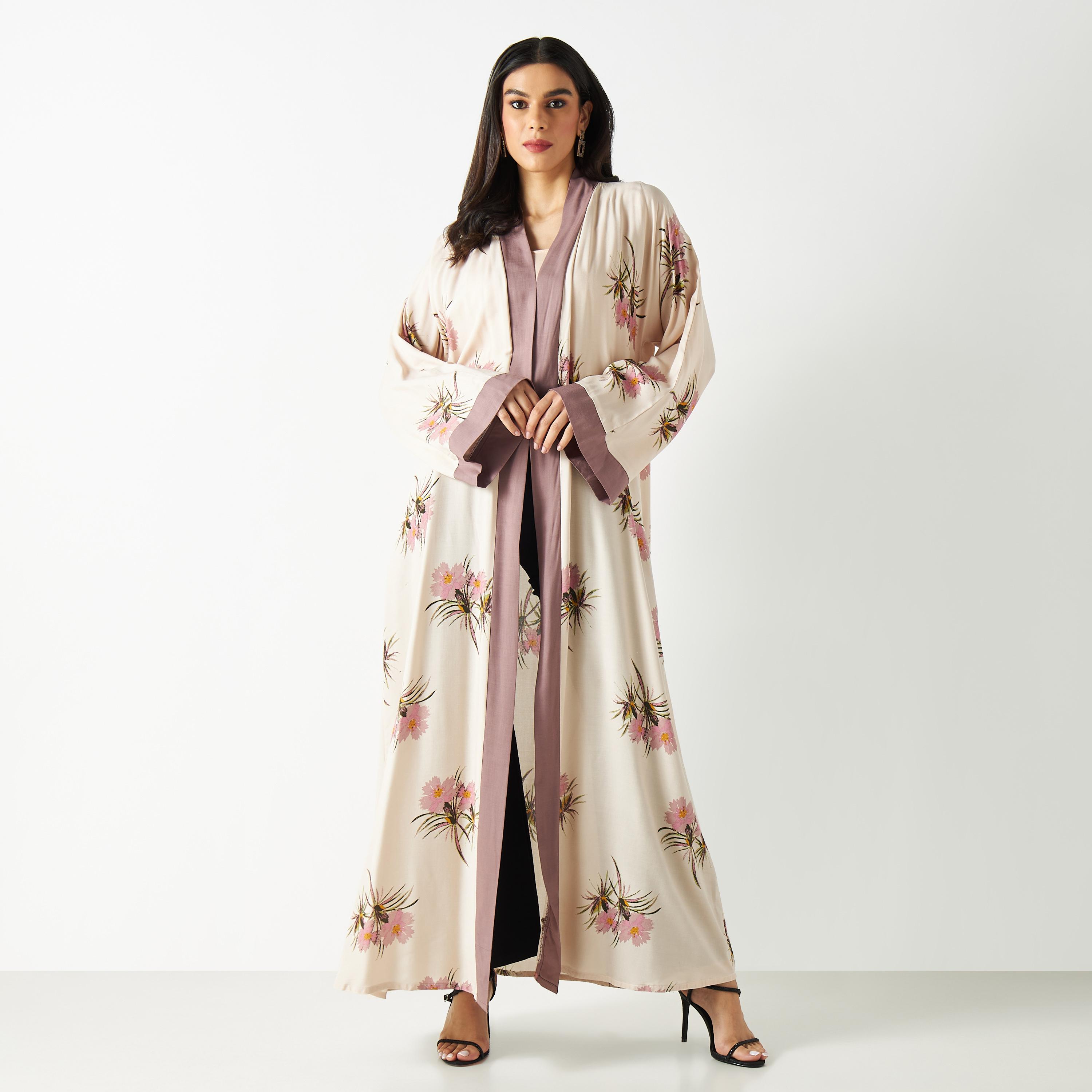 All-Over Floral Print Open Front Abaya-women-arabicclothing-abayas-image-1