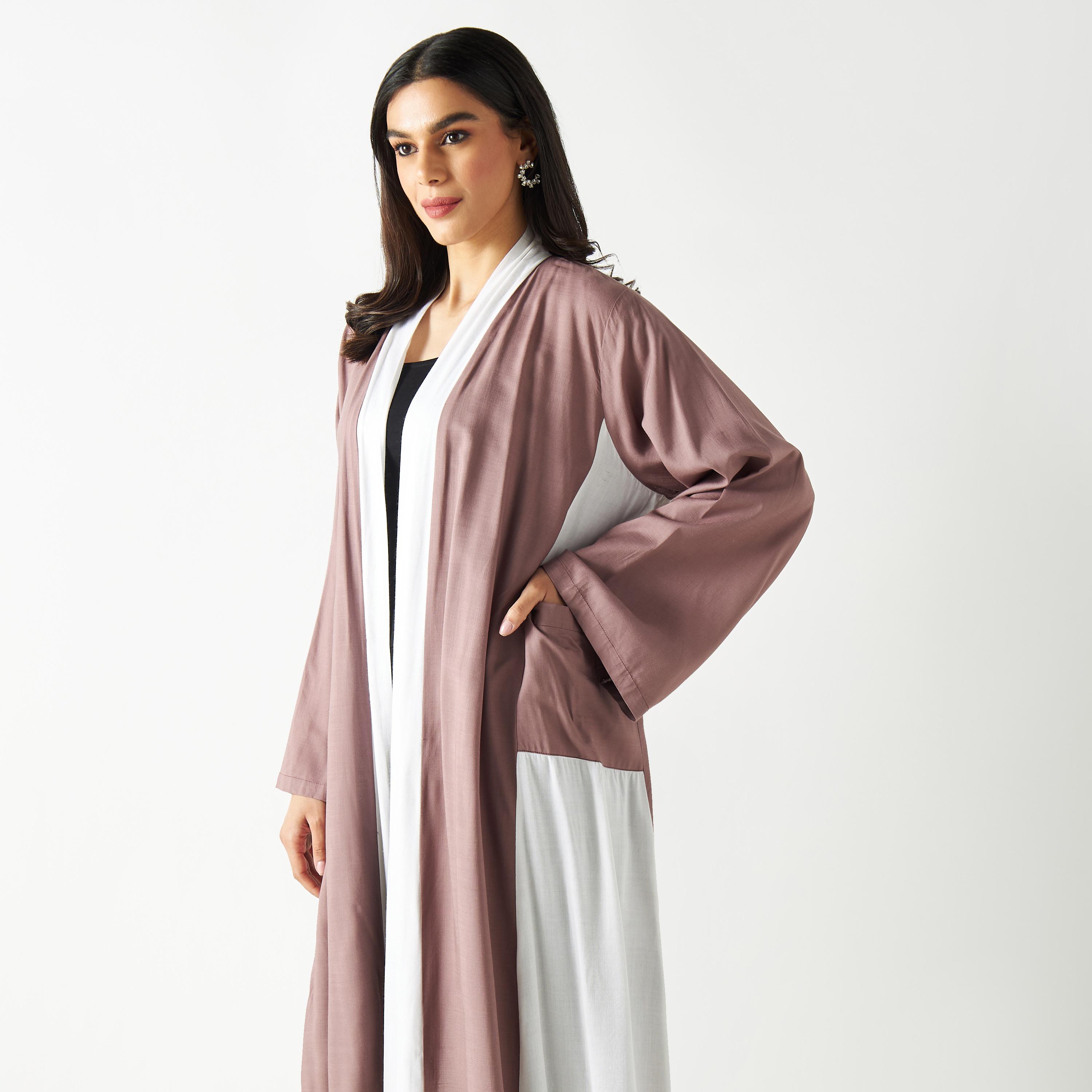 Two-Tone Open Front Abaya with Pockets-women-arabicclothing-abayas-image-2