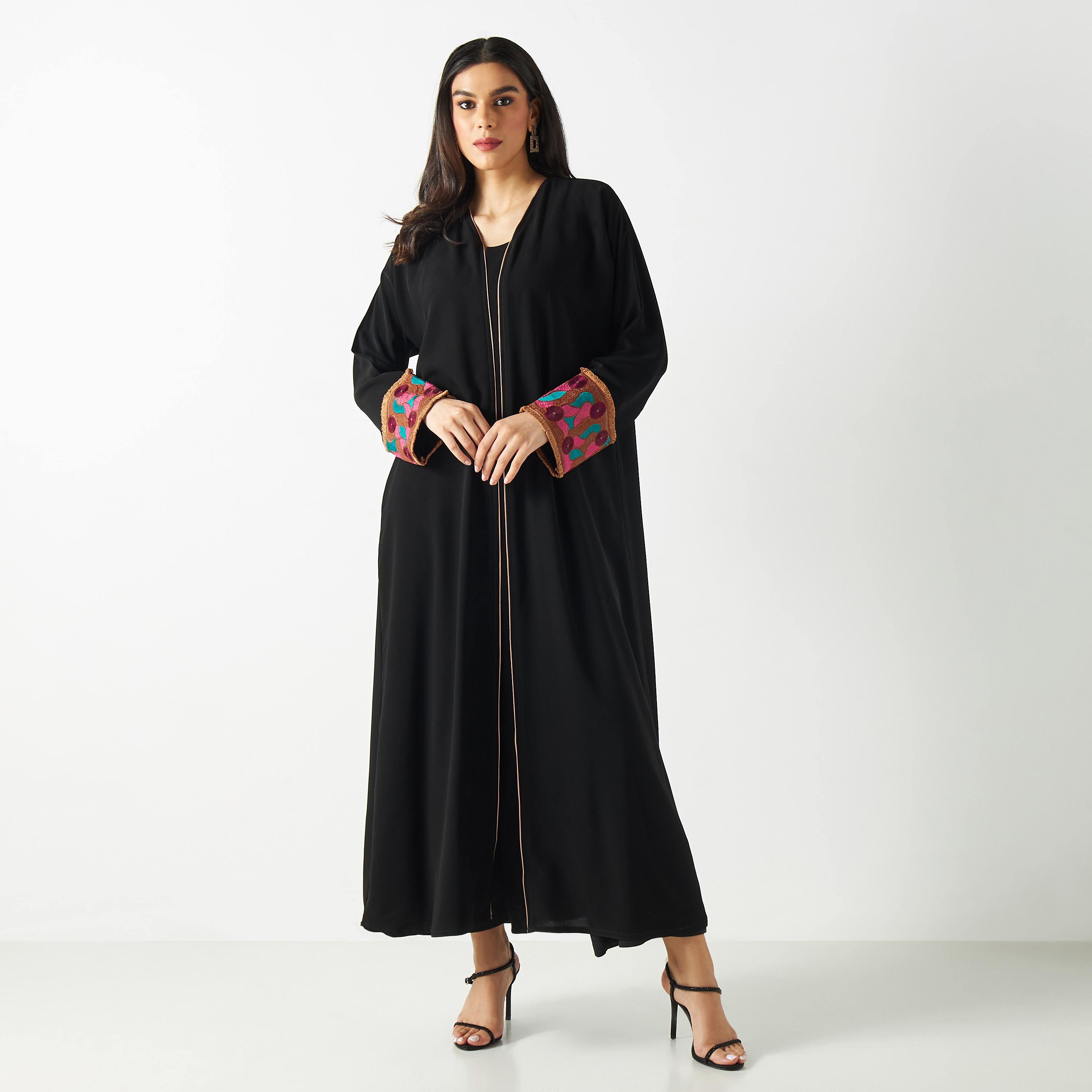 Embroidered Sleeves Abaya with Fringe Detail-women-arabicclothing-abayas-image-1