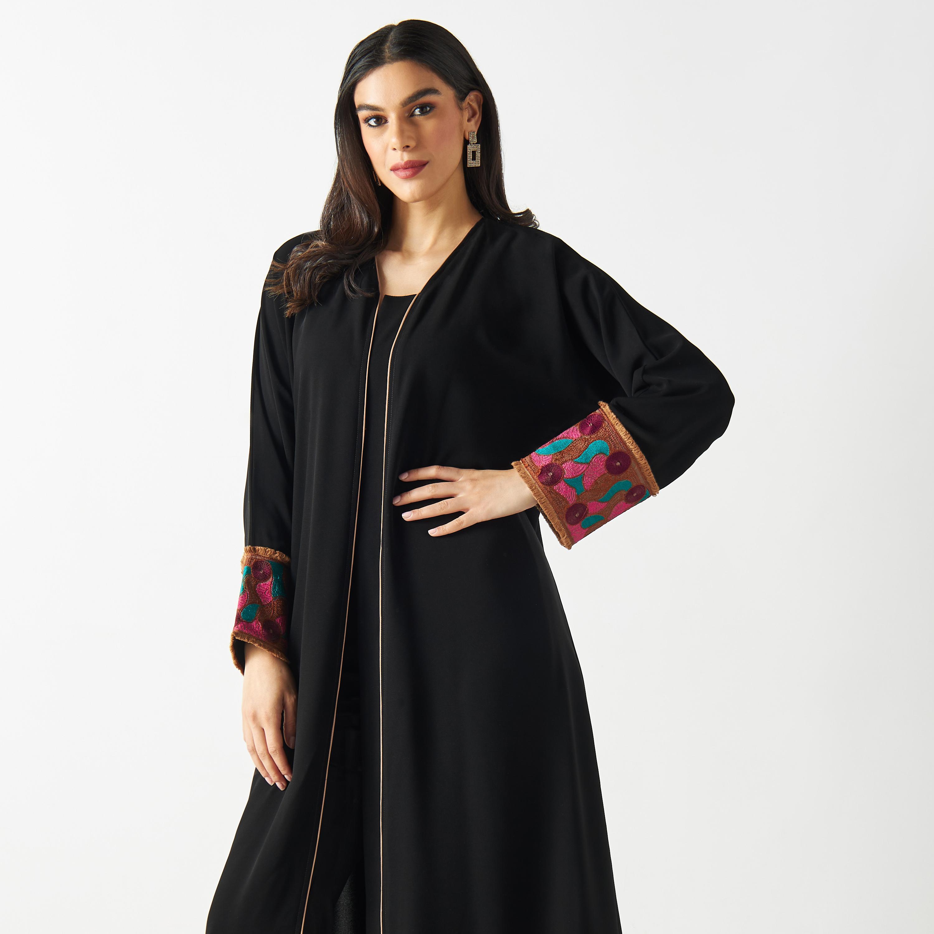 Embroidered Sleeves Abaya with Fringe Detail-women-arabicclothing-abayas-image-2