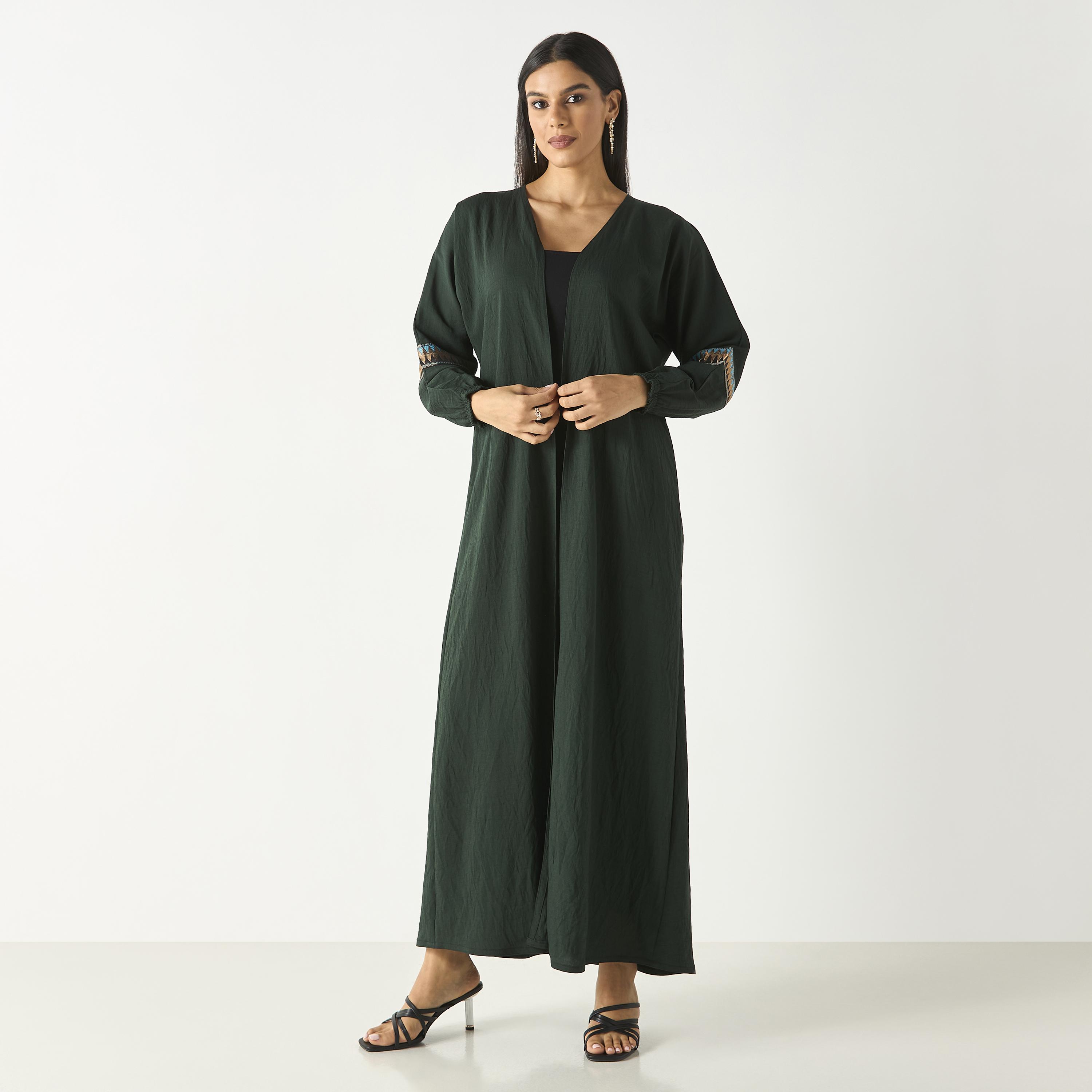 Hadiyath Al Madinah Solid Abaya with Embroidered Lace Detail-women-arabicclothing-abayas-image-1