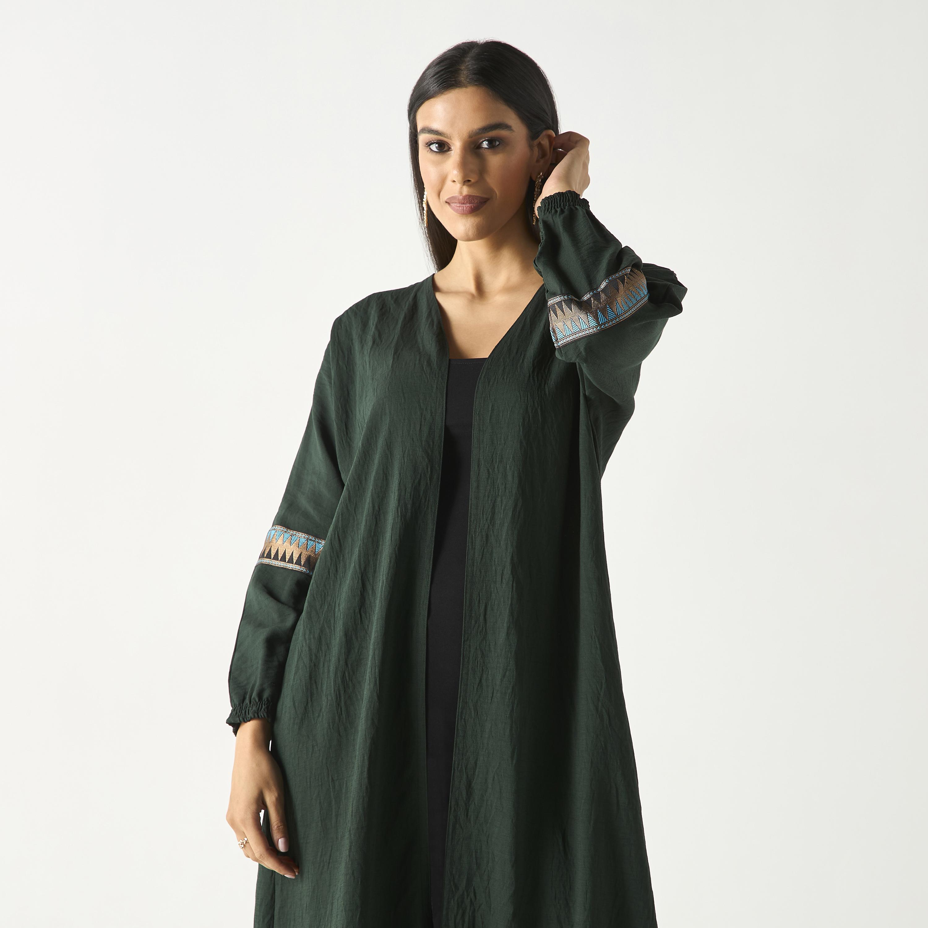Hadiyath Al Madinah Solid Abaya with Embroidered Lace Detail-women-arabicclothing-abayas-image-2