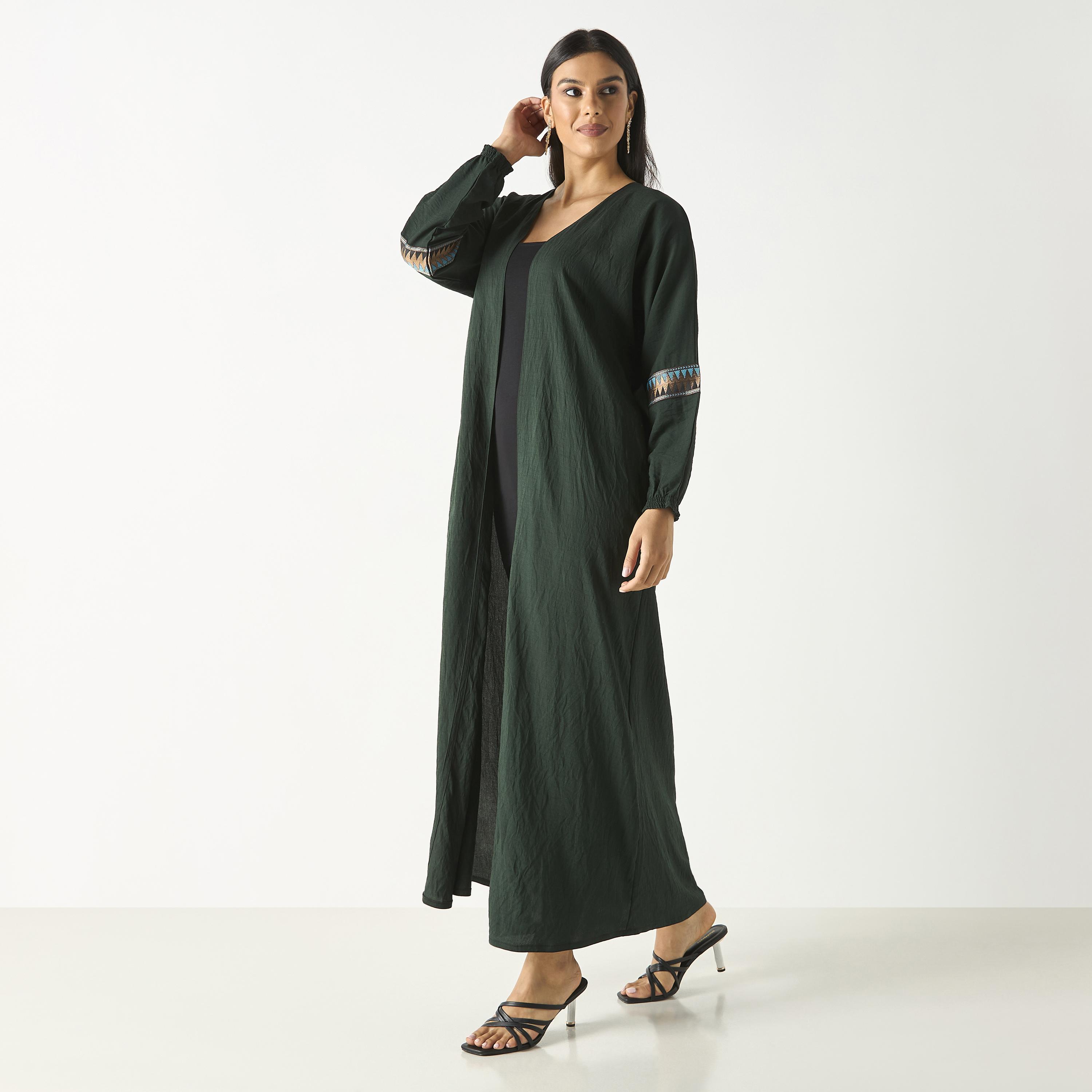 Hadiyath Al Madinah Solid Abaya with Embroidered Lace Detail-women-arabicclothing-abayas-image-4