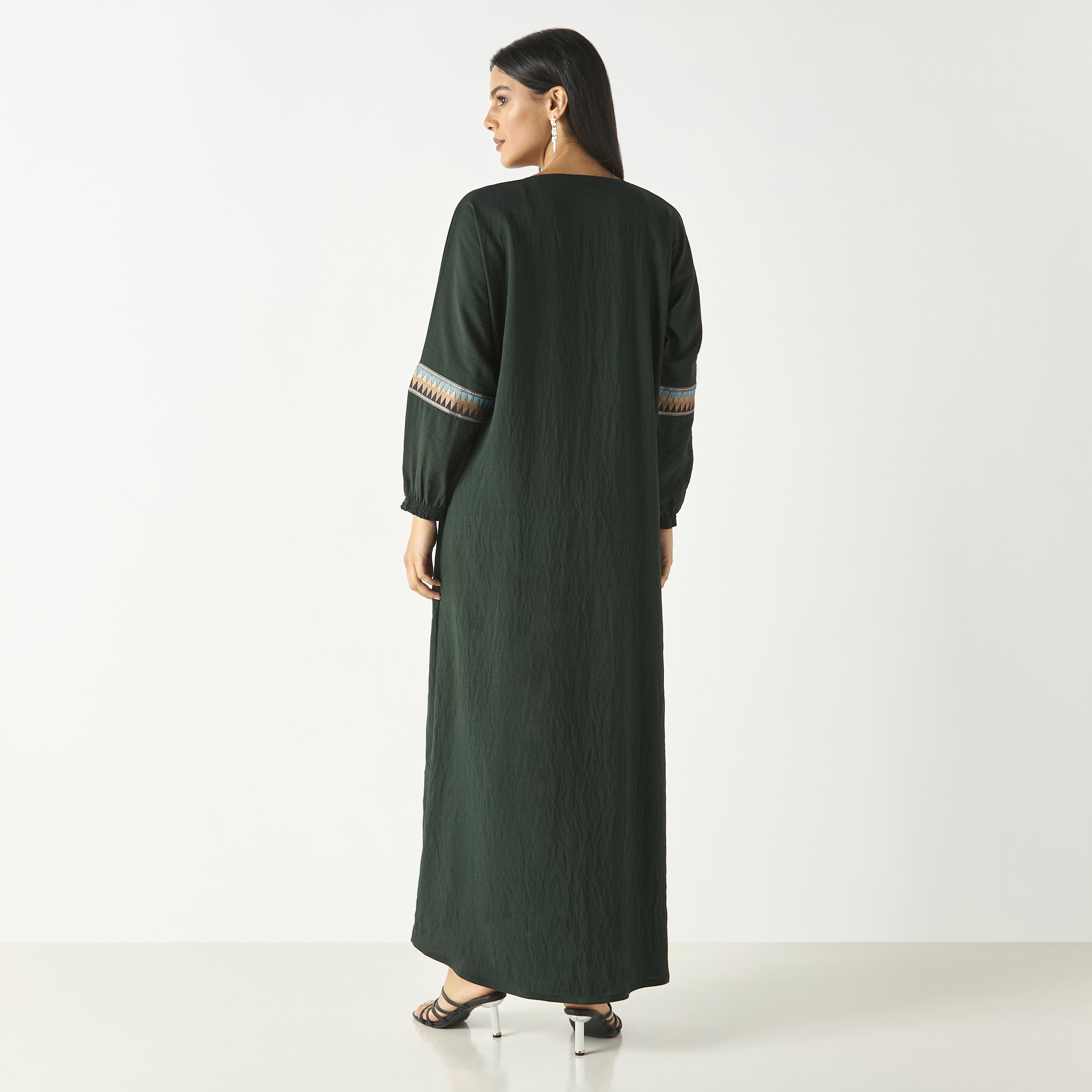 Hadiyath Al Madinah Solid Abaya with Embroidered Lace Detail-women-arabicclothing-abayas-image-5