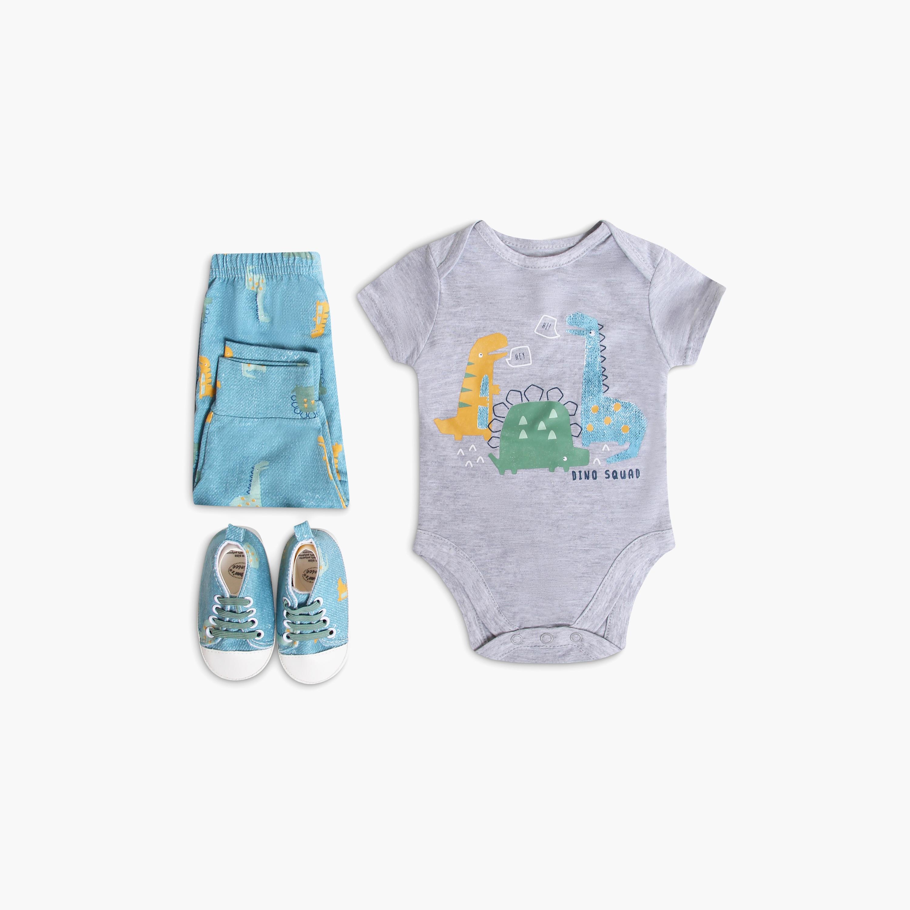 Ikkxa 3-Piece Printed Short Sleeves Bodysuit, Shorts and Shoes Set-baby-boys-clothing-setsandcoords-image-1