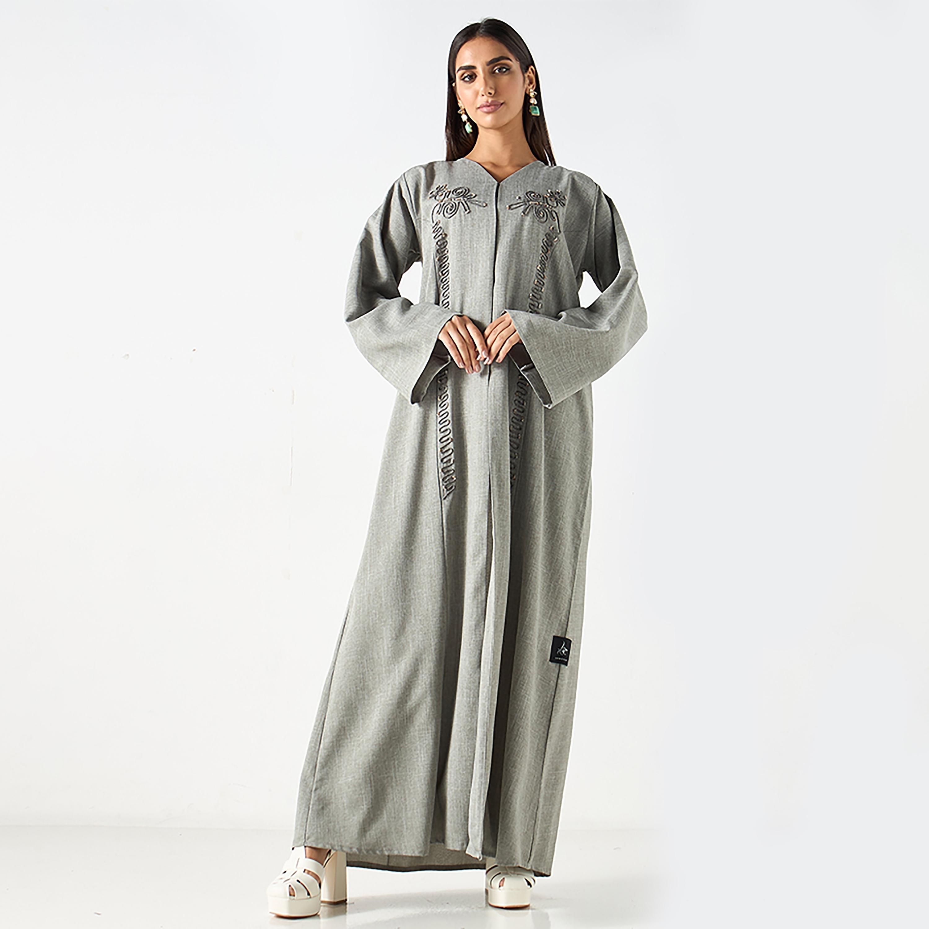 Hadiyath Al Madinah Grey Beaded Women's Abaya with Hijab-women-arabicclothing-abayas-image-1